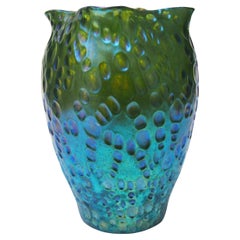 Classic Bohemian Loetz Crete Diaspora glass vase in blue over greenc 1902
