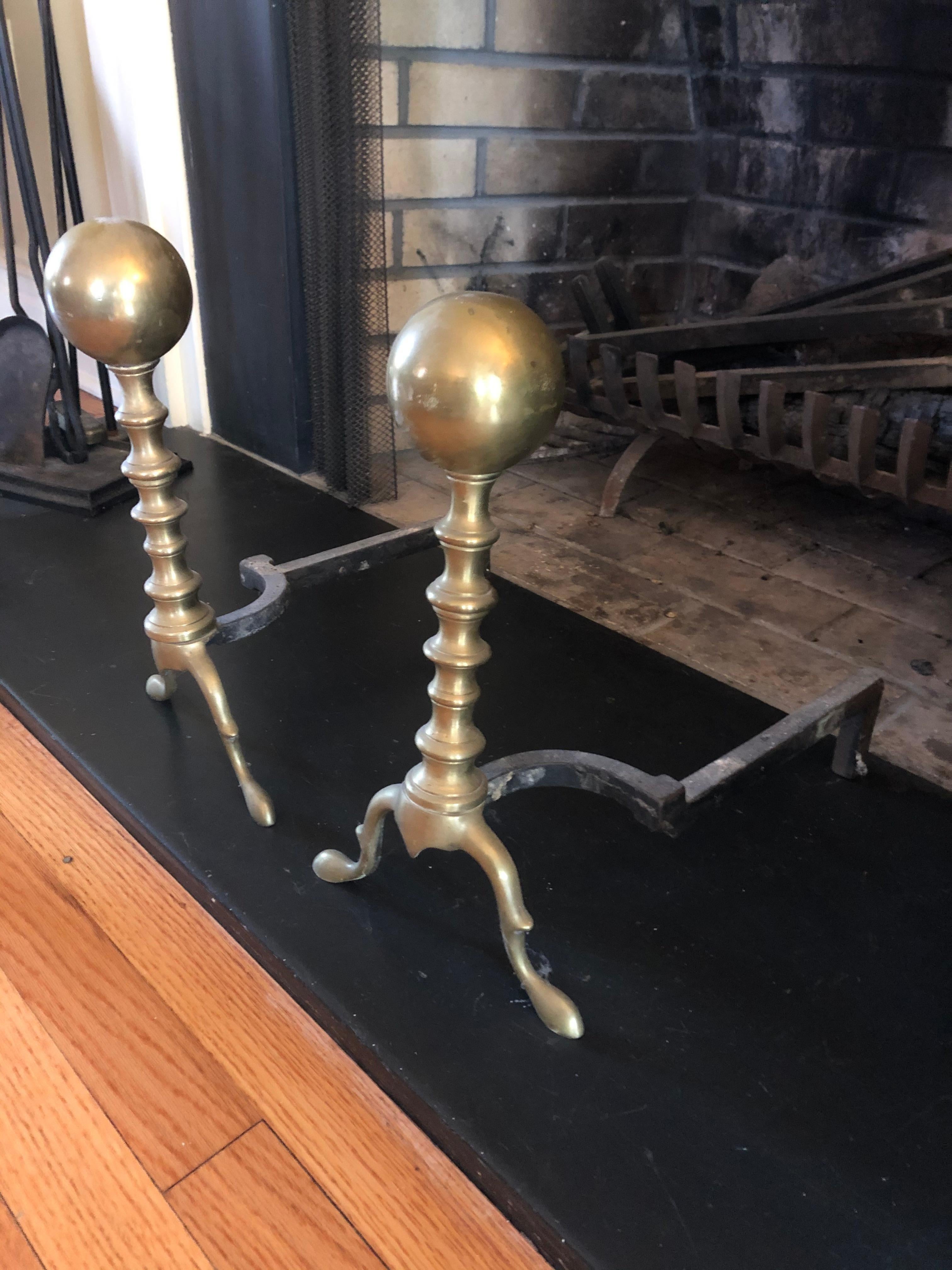 American Classic Brass Andirons with Ball Motife For Sale