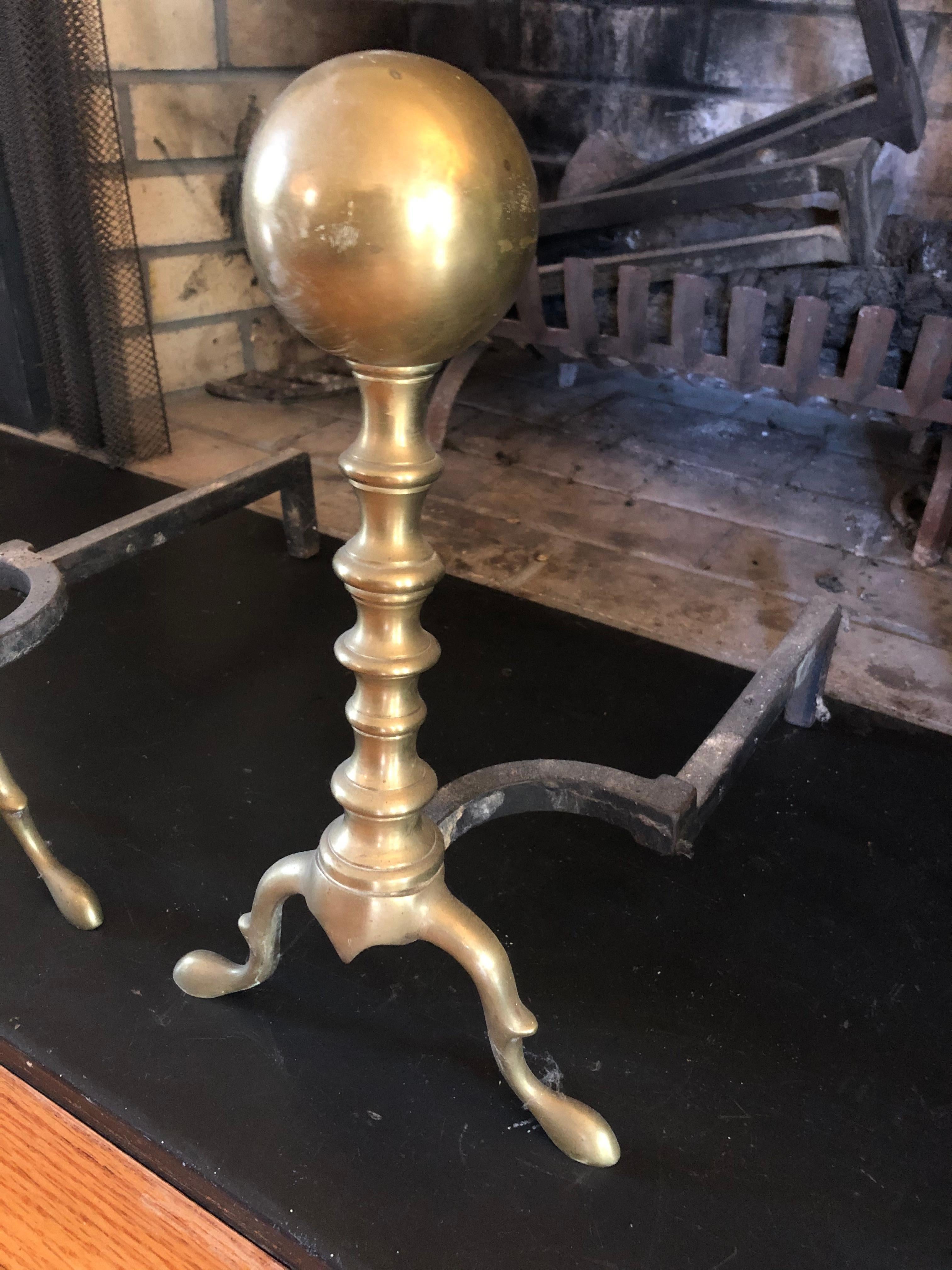 Mid-20th Century Classic Brass Andirons with Ball Motife For Sale