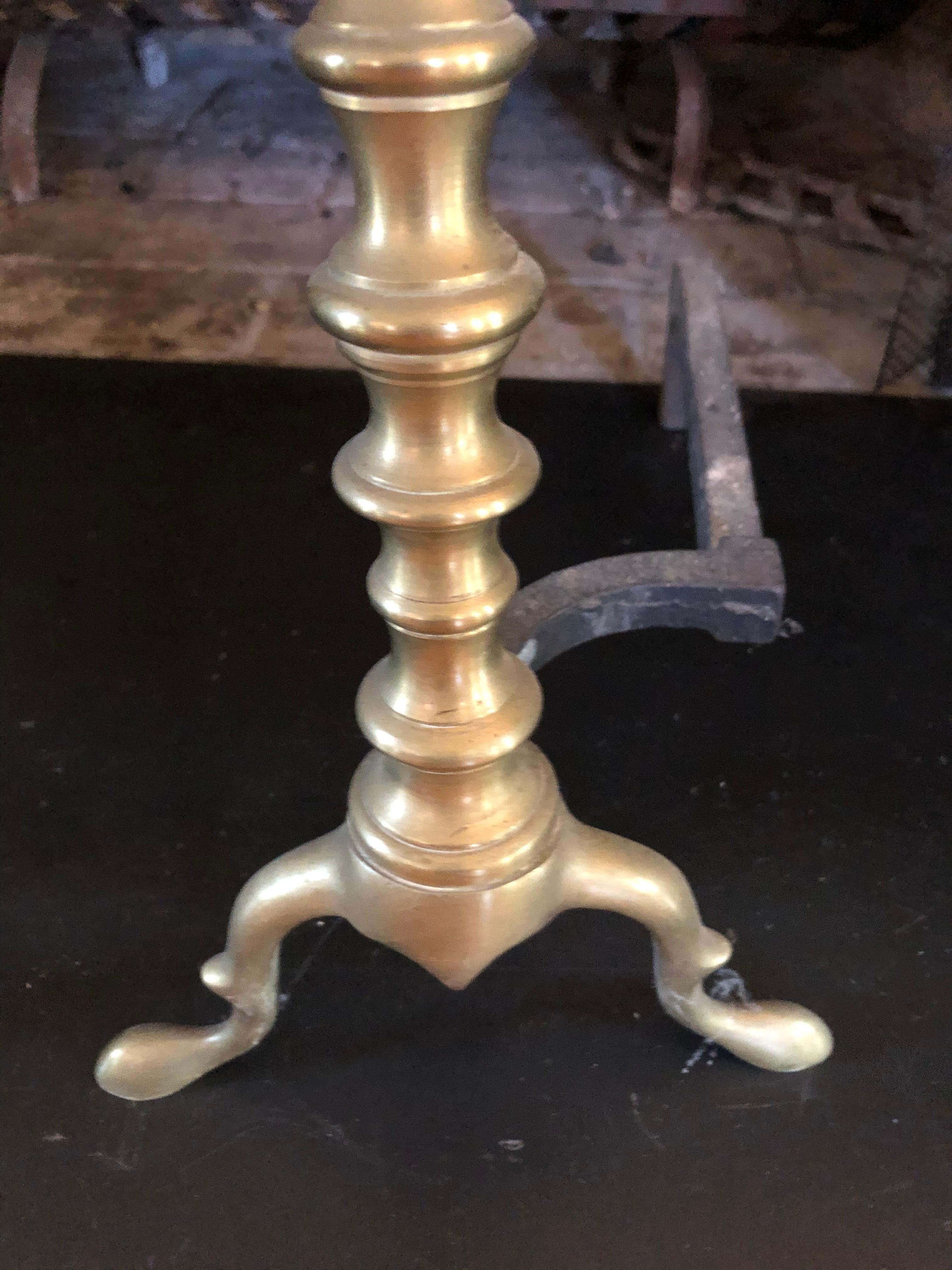Classic Brass Andirons with Ball Motife For Sale 1