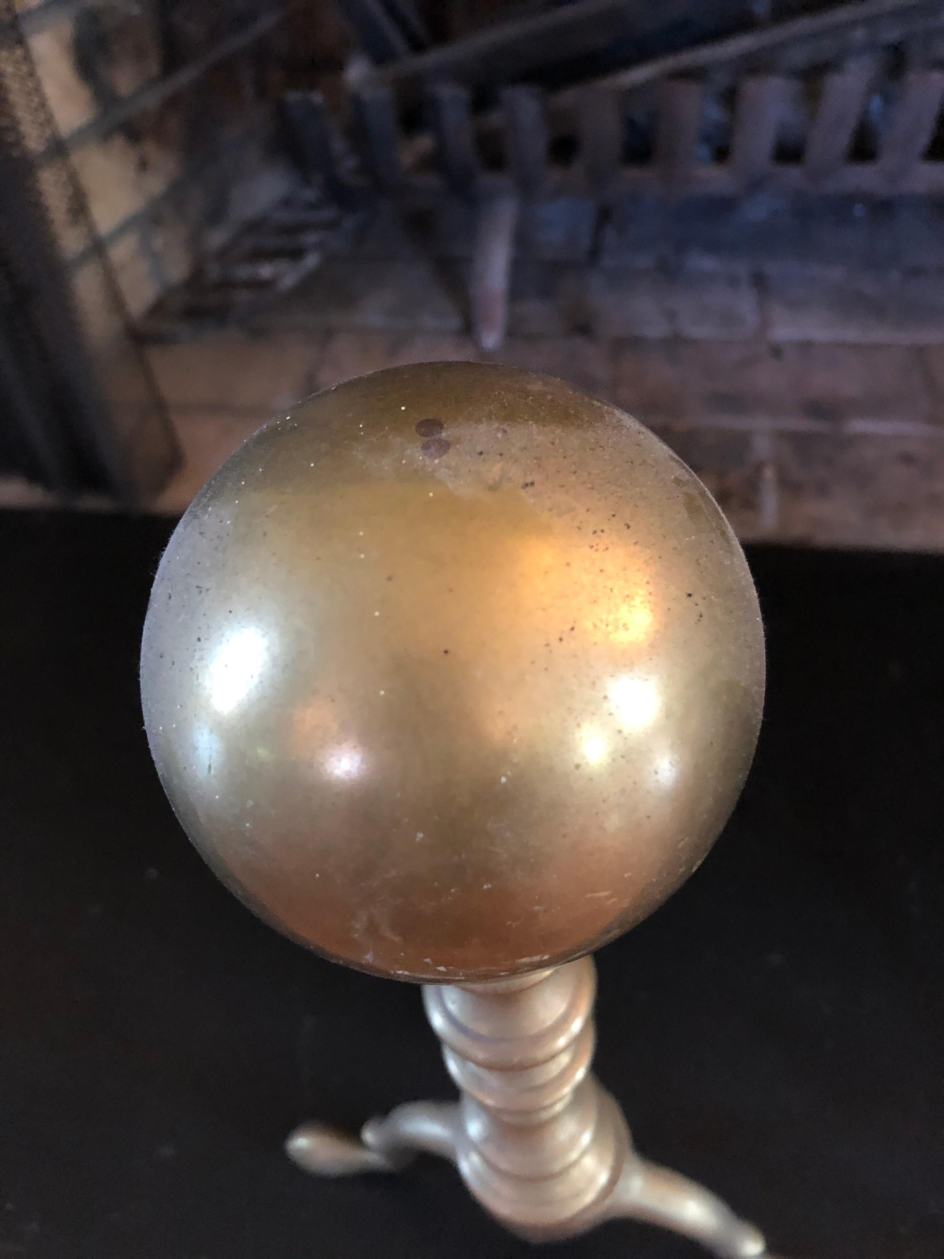 Classic Brass Andirons with Ball Motife For Sale 2