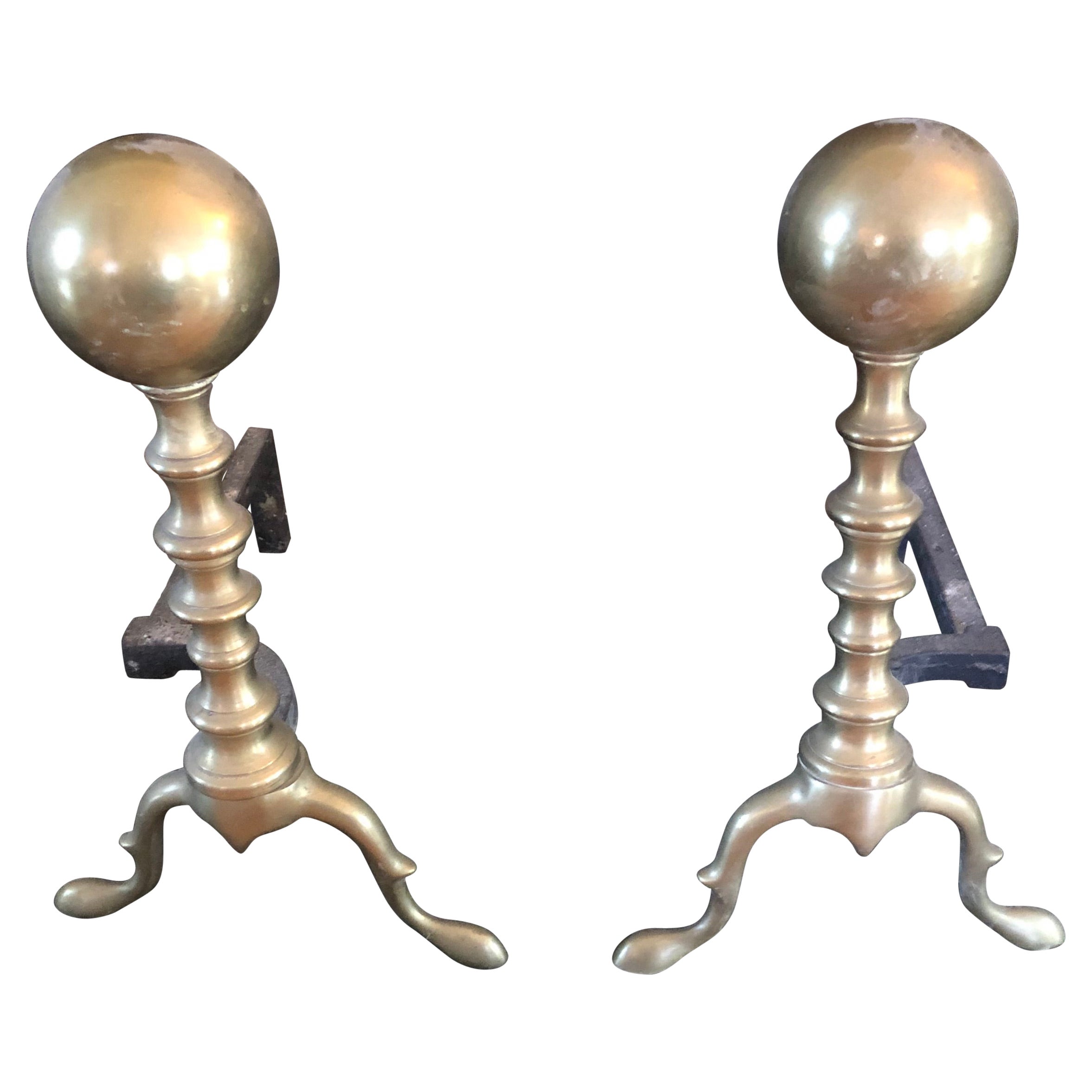 Classic Brass Andirons with Ball Motife