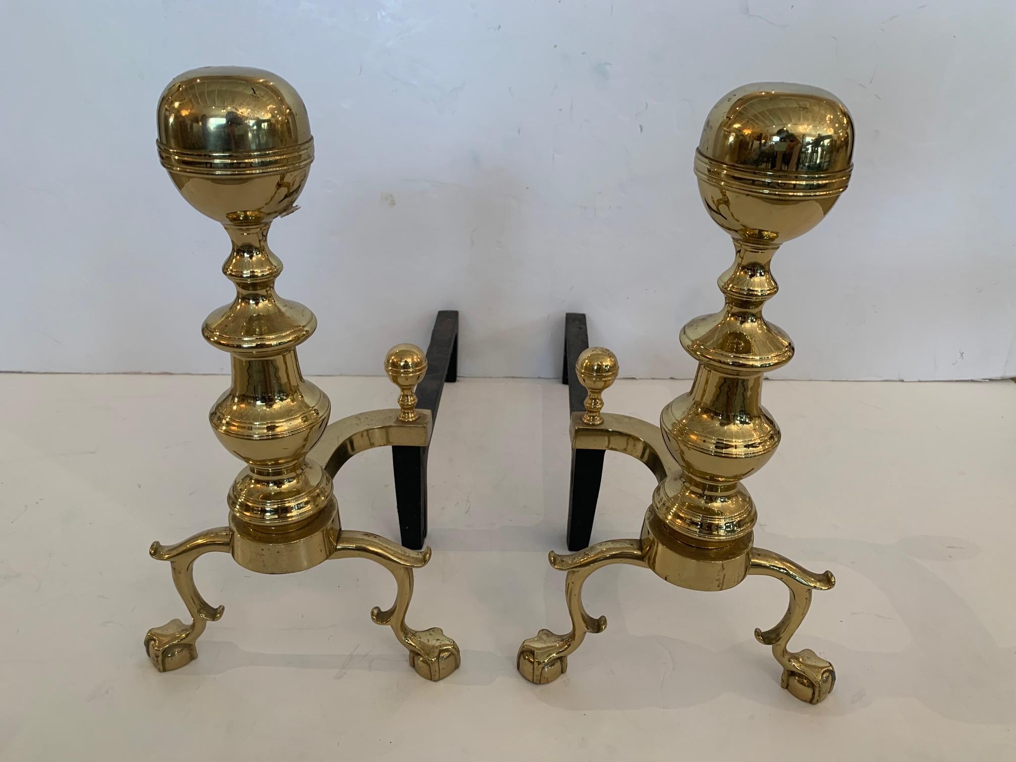 Classic Brass Cannonball Andirons with Ball & Claw Feet In Good Condition In Hopewell, NJ