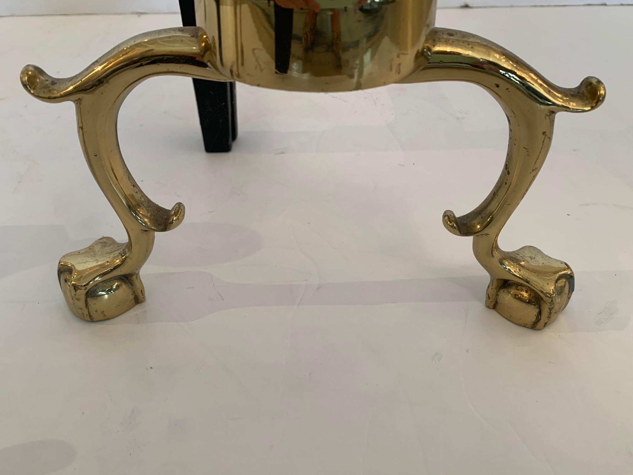 Mid-20th Century Classic Brass Cannonball Andirons with Ball & Claw Feet