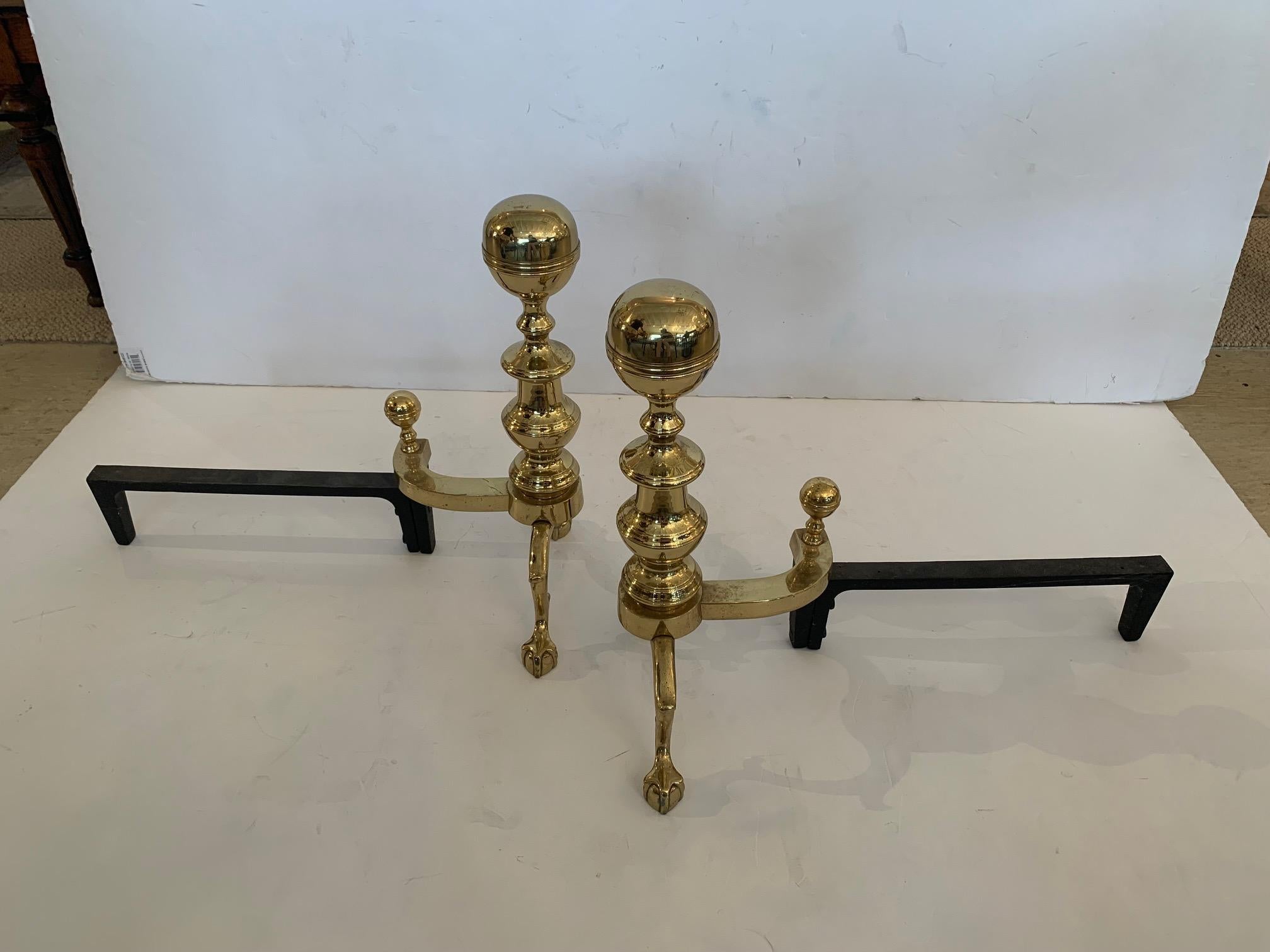 Classic Brass Cannonball Andirons with Ball & Claw Feet 4