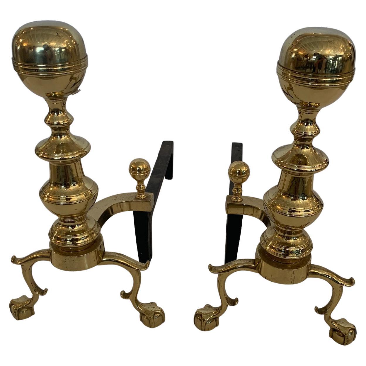 Classic Brass Cannonball Andirons with Ball & Claw Feet