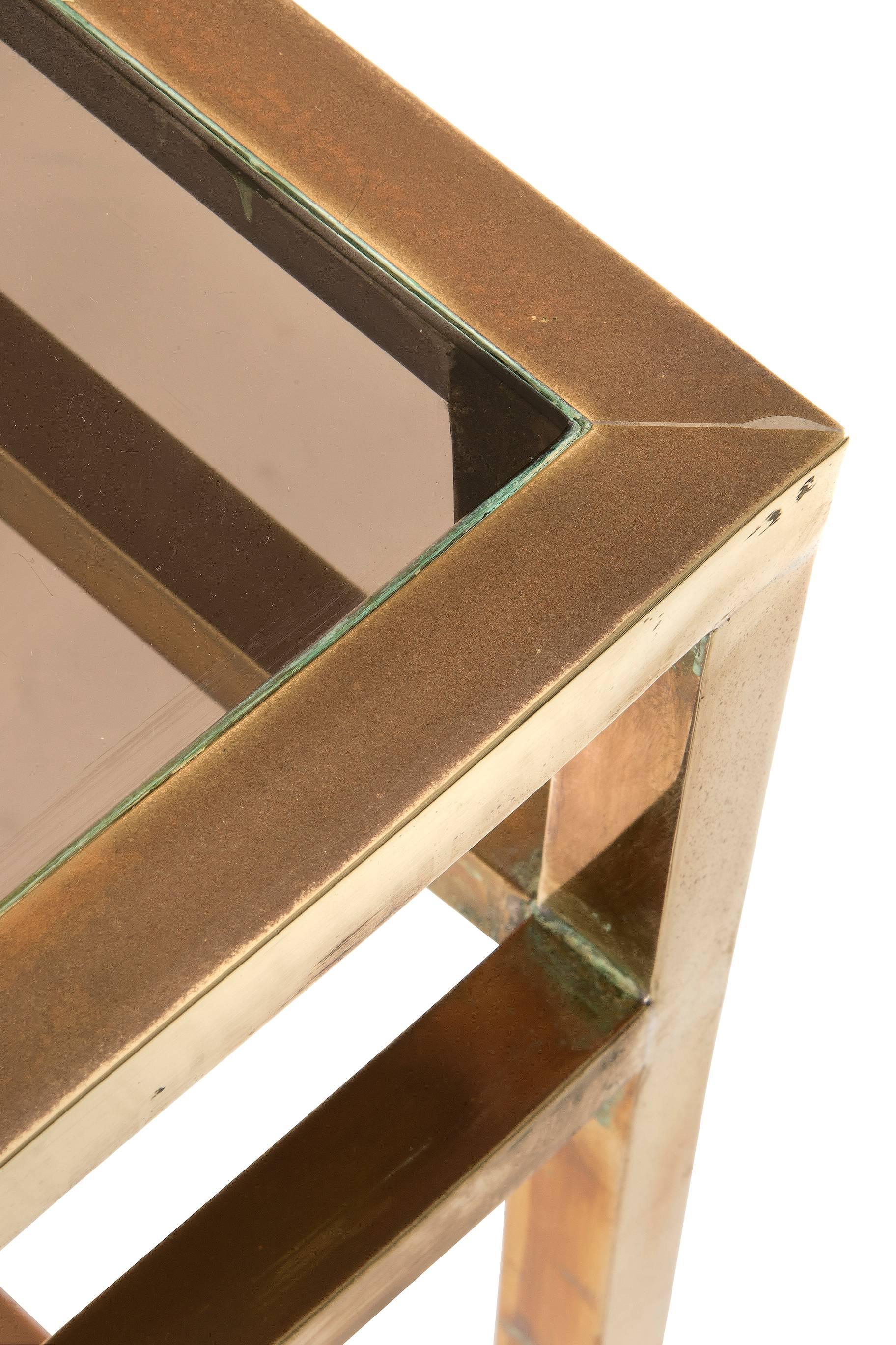 Modern Classic Brass Console with Smoke Glass Top For Sale