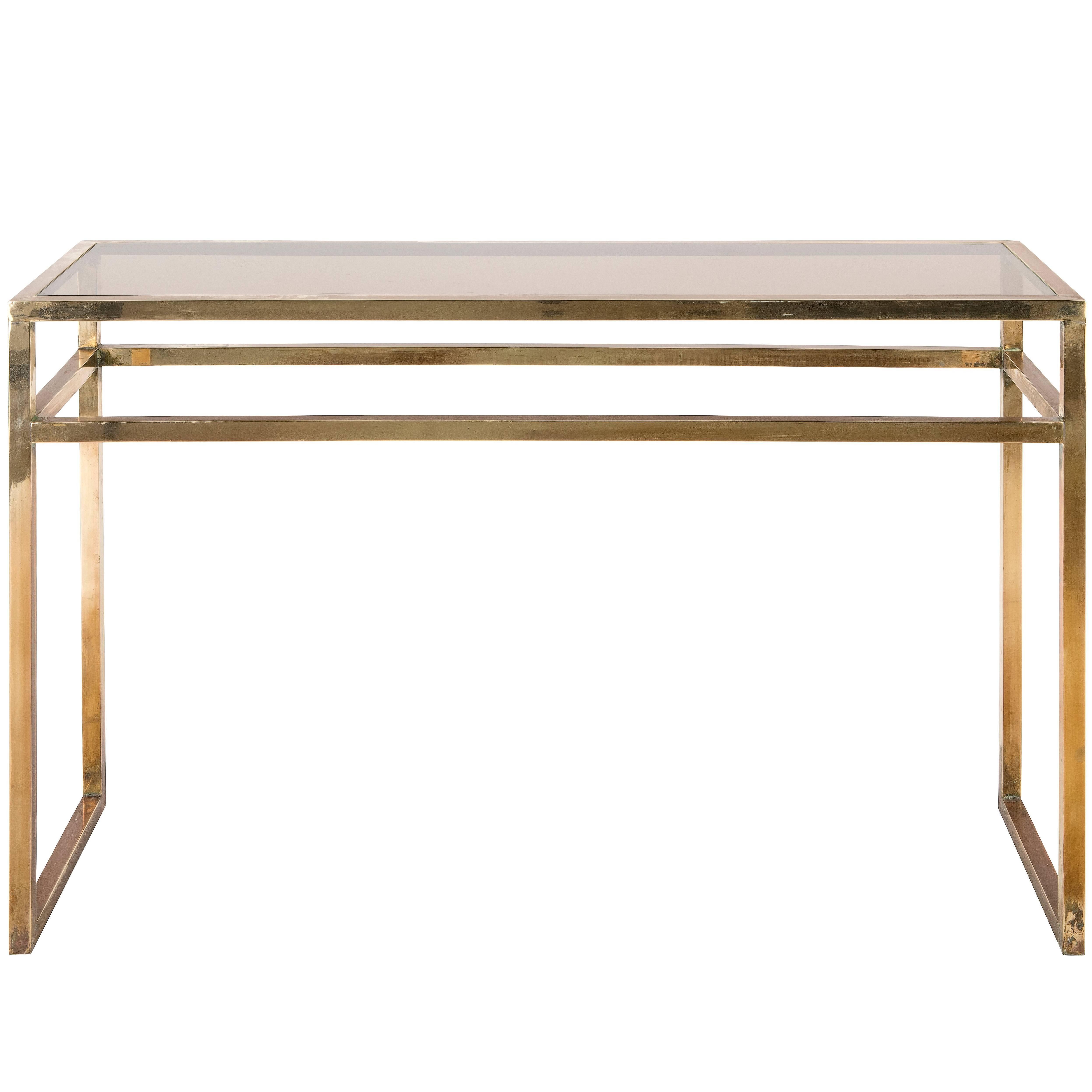 Classic Brass Console with Smoke Glass Top For Sale