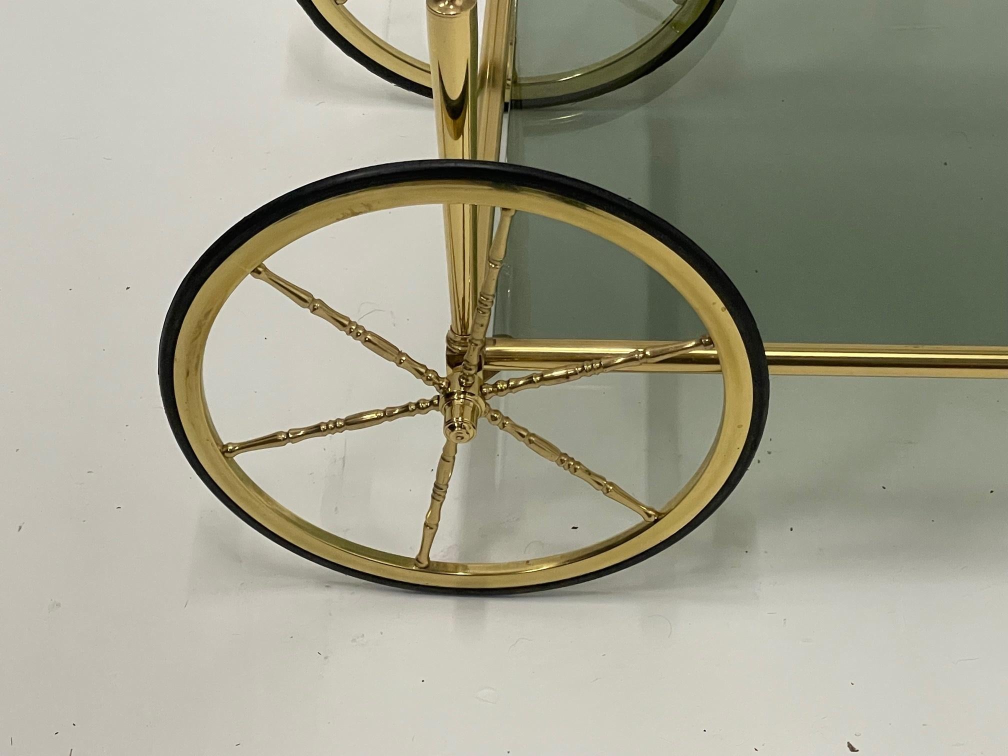 Classic Brass & Smoky Glass Hollywood Regency Bar Cart In Good Condition In Hopewell, NJ