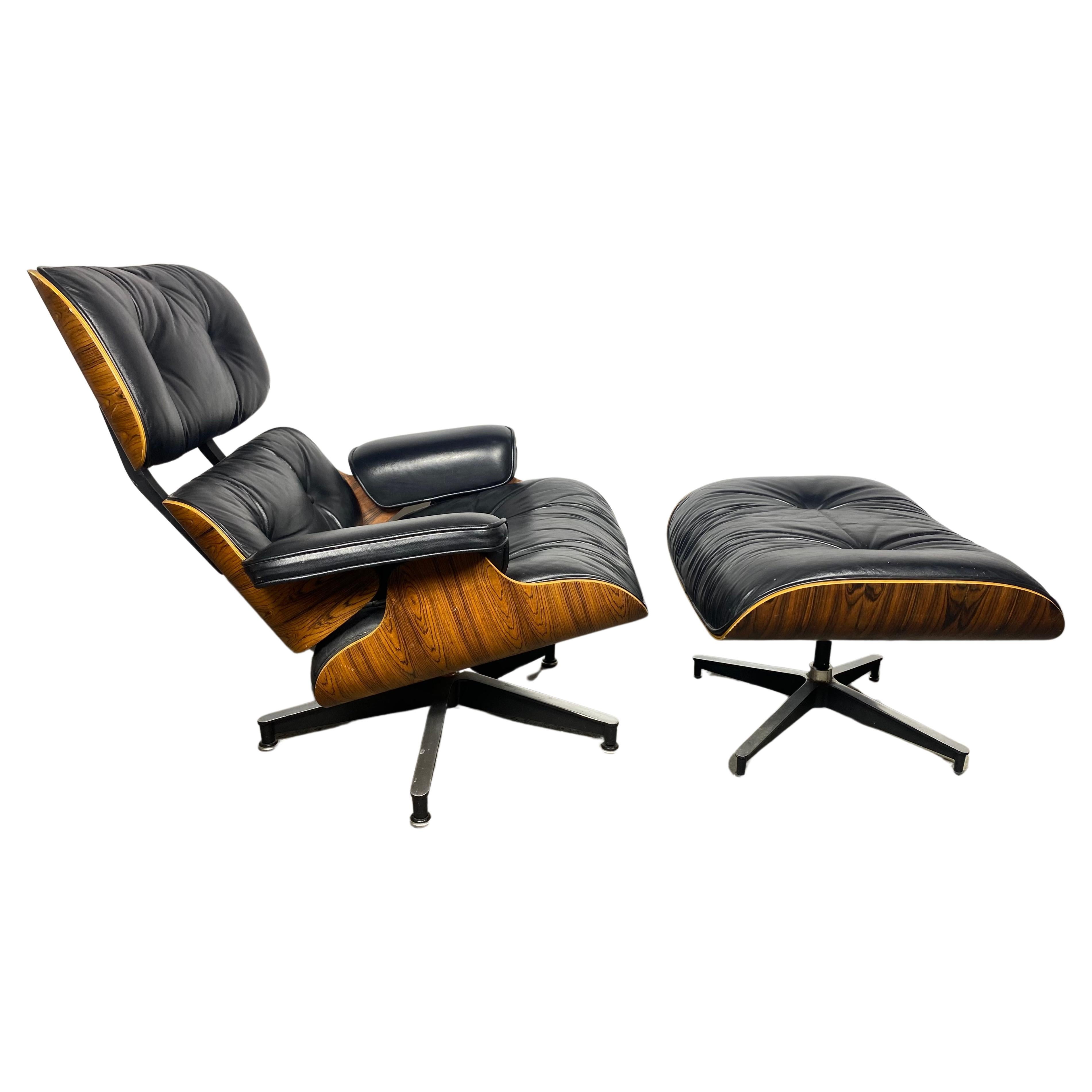 CLassic Brazilian Rosewood and Leather Eames Lounge Chair & Ott Herman Miller For Sale