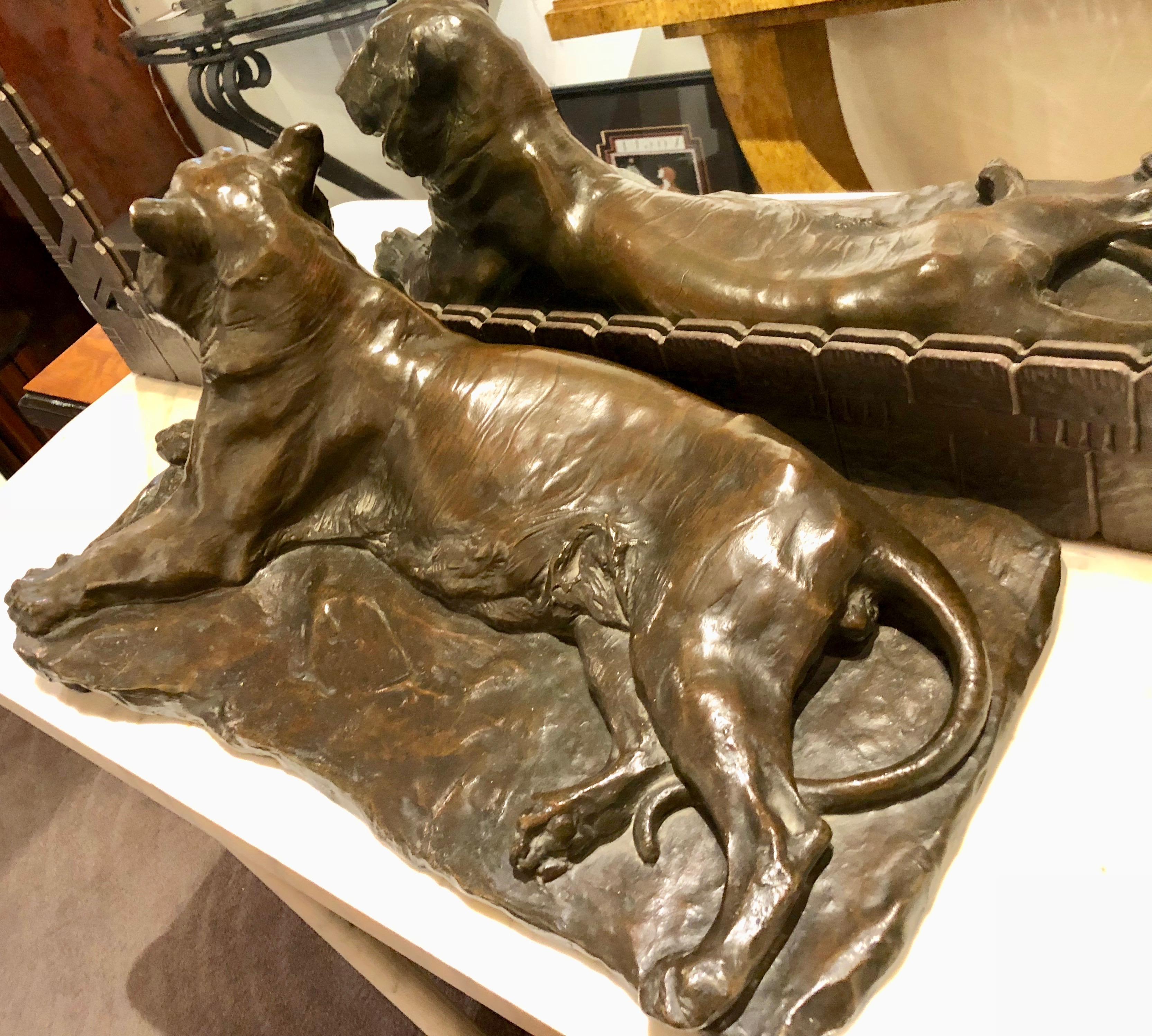 Classic decorative bronze by Josue Dupon. Classically trained, his work can be found throughout Belgium. Antwerp Zoo and other major installations. This unique work is from the period of 1896, Dupon was a contemporary of Carlos Bugatti who also was