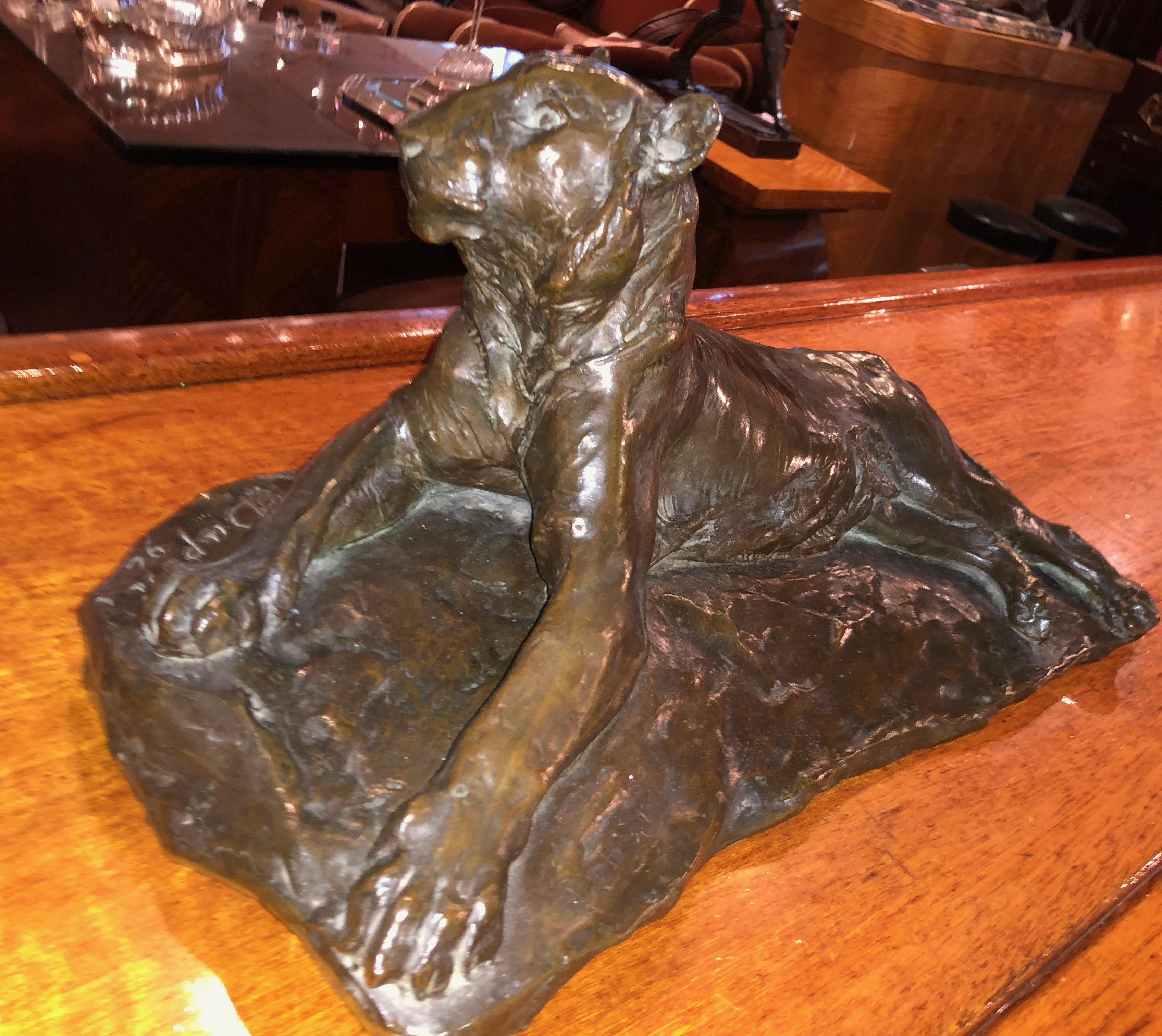 Classic Bronze Lion Statue by Josue Dupon Belgian Sculptor Art Deco In Good Condition For Sale In Oakland, CA