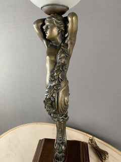 Classic Bronze Table Lamp with Wood Base, Female Figure, 1950s