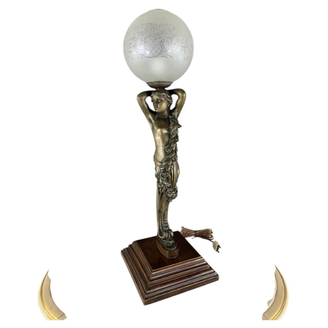Classic Bronze Table Lamp with Wood Base, Female Figure, 1950s For Sale