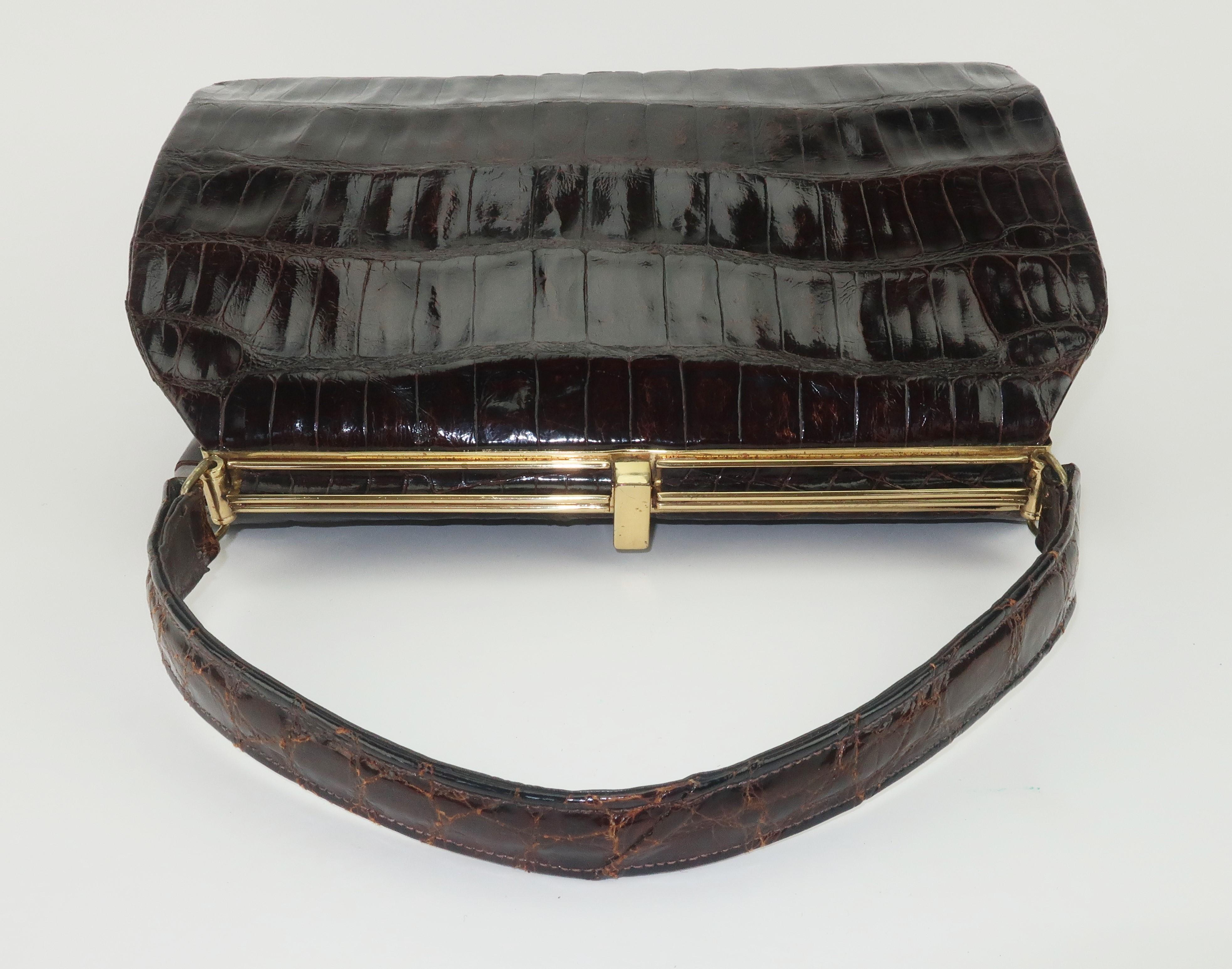 Classic Brown Alligator Top Handle Handbag, 1950's 4
