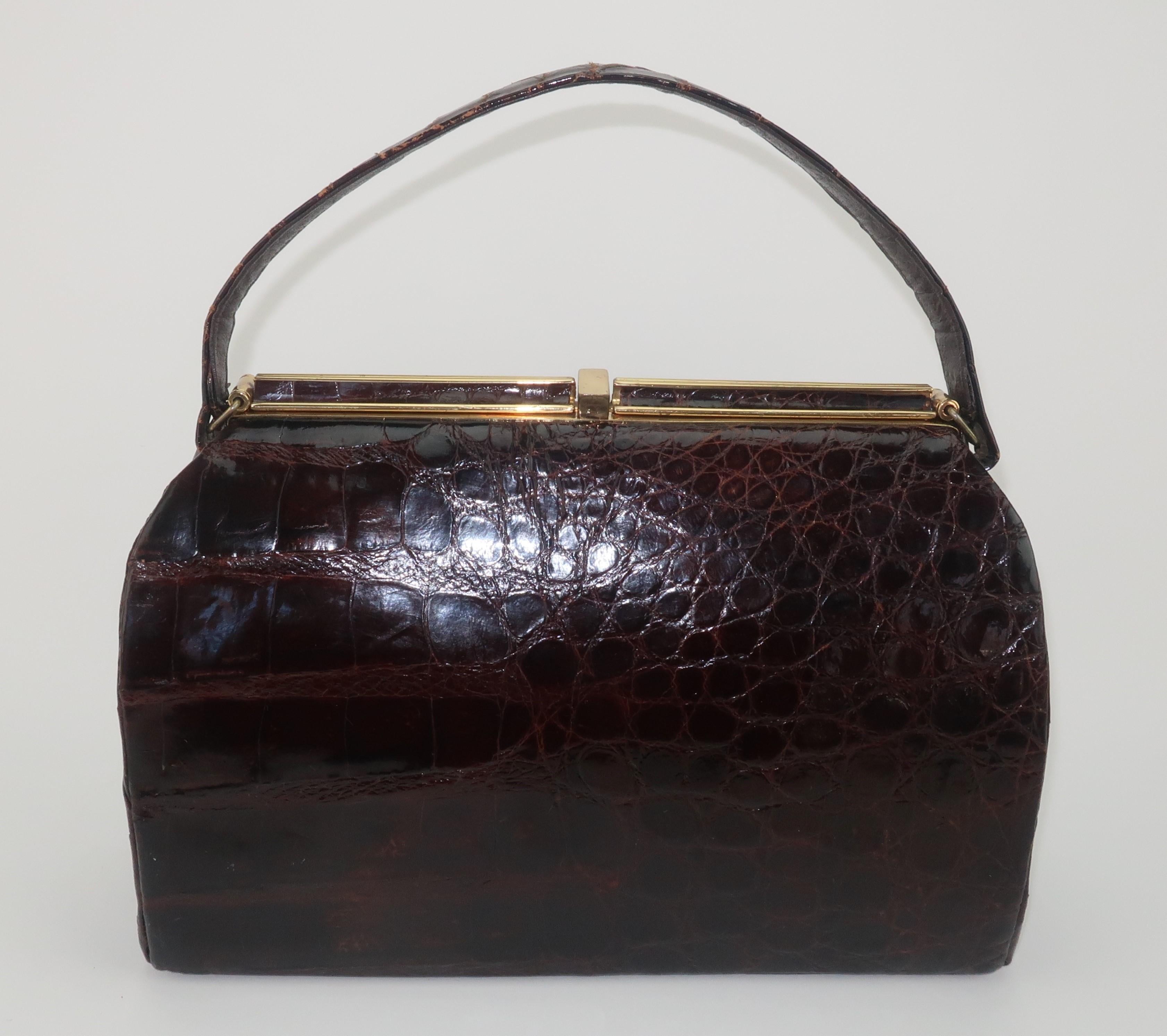 Black Classic Brown Alligator Top Handle Handbag, 1950's