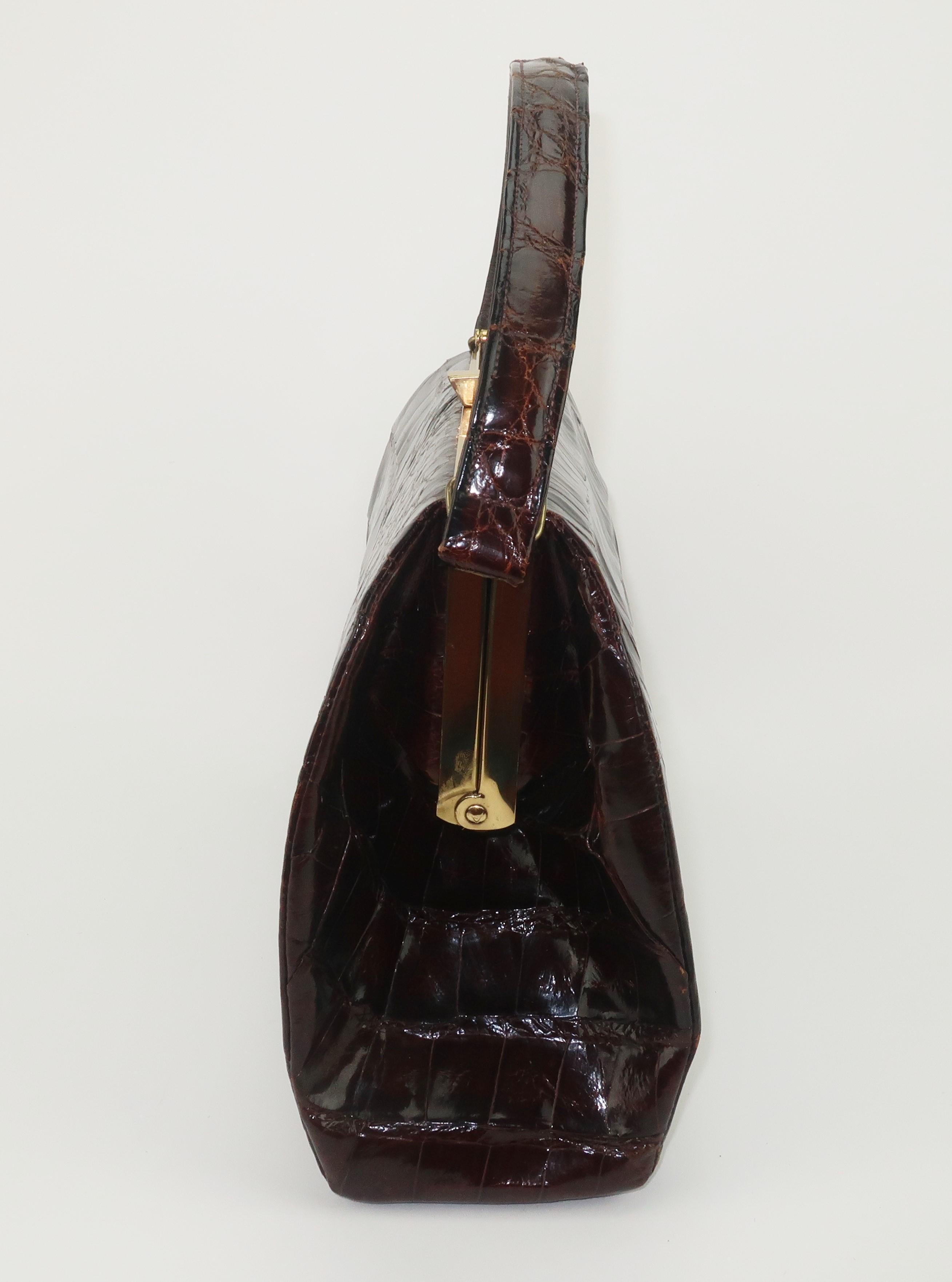 Women's Classic Brown Alligator Top Handle Handbag, 1950's