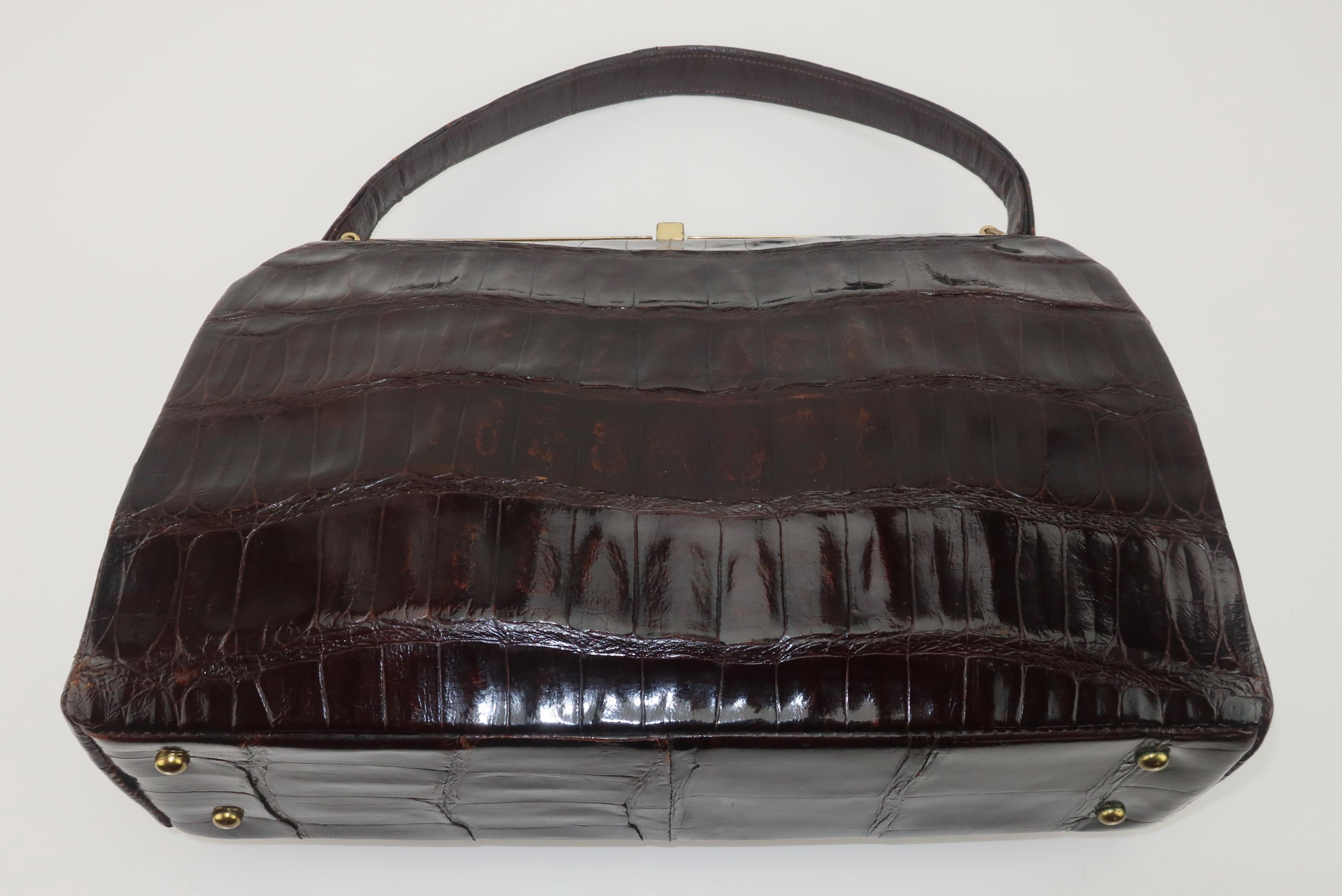 Classic Brown Alligator Top Handle Handbag, 1950's 2