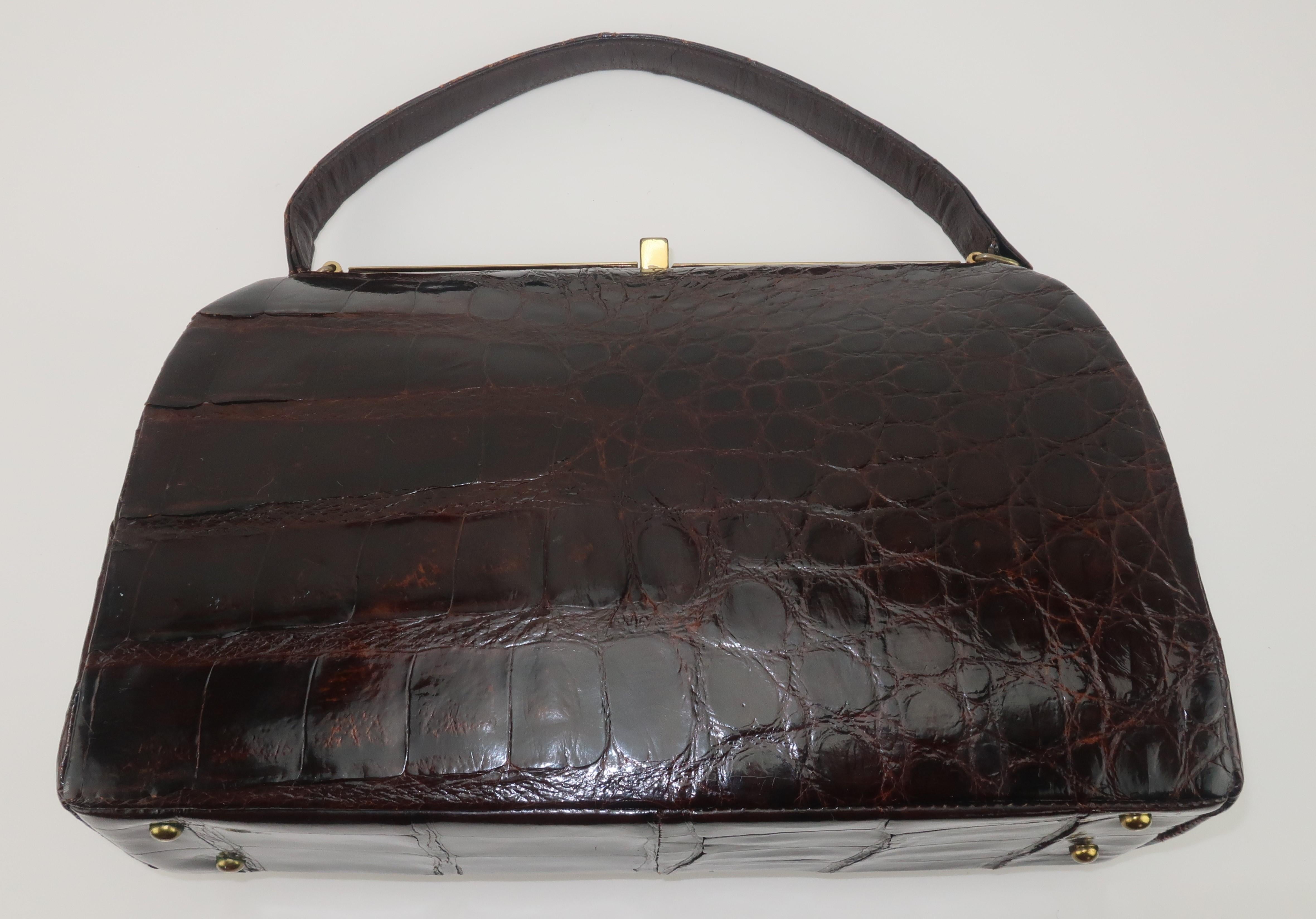 Classic Brown Alligator Top Handle Handbag, 1950's 3