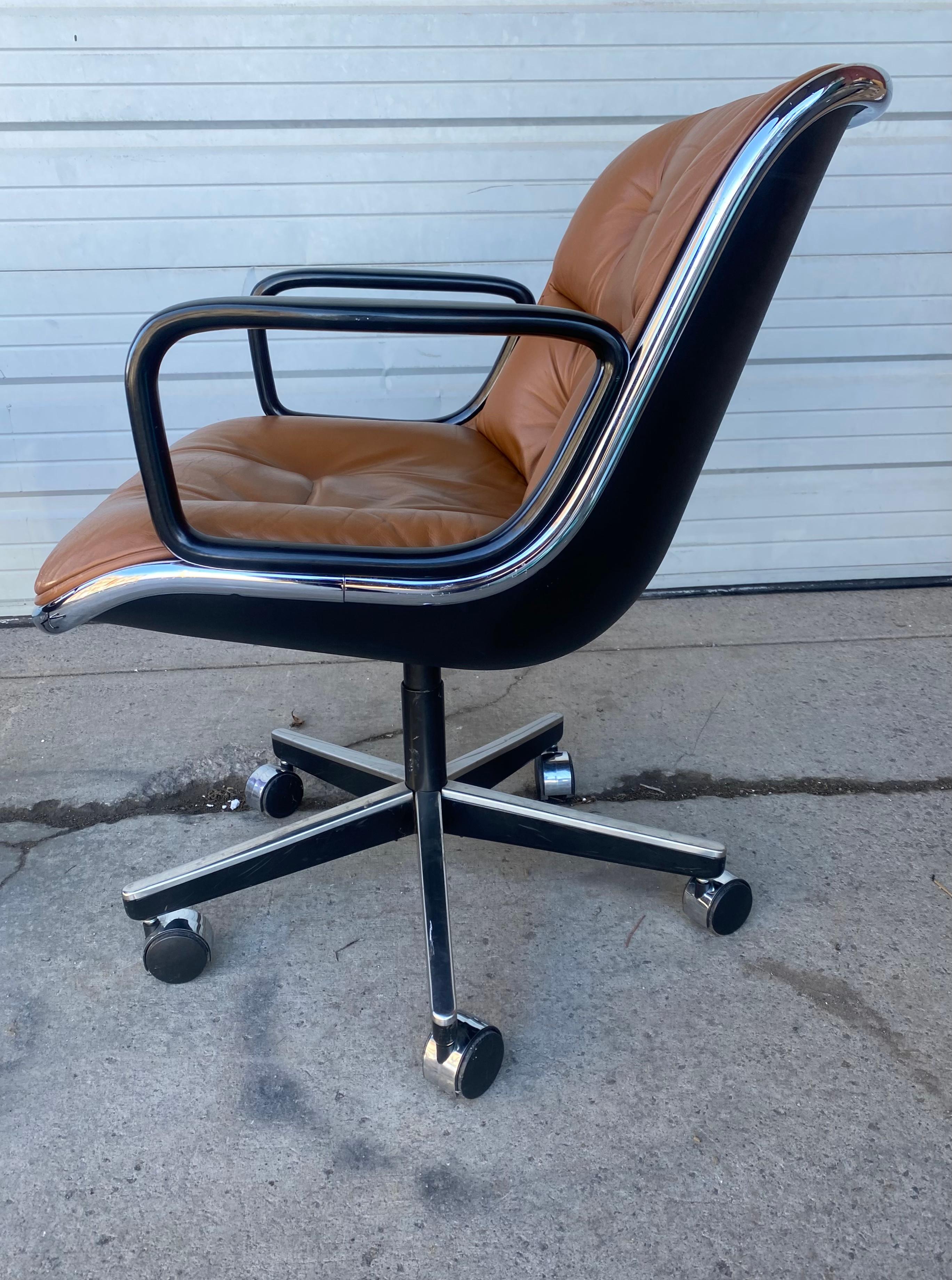 Classic PAIR of vintage original brown leather Pollock desk chairs designed by Charles Pollack for Knoll. Sold seperately!! Features original brown leather in very good original condition,, Tilt / swivel,, 5- star base on castors.. Hand delivery