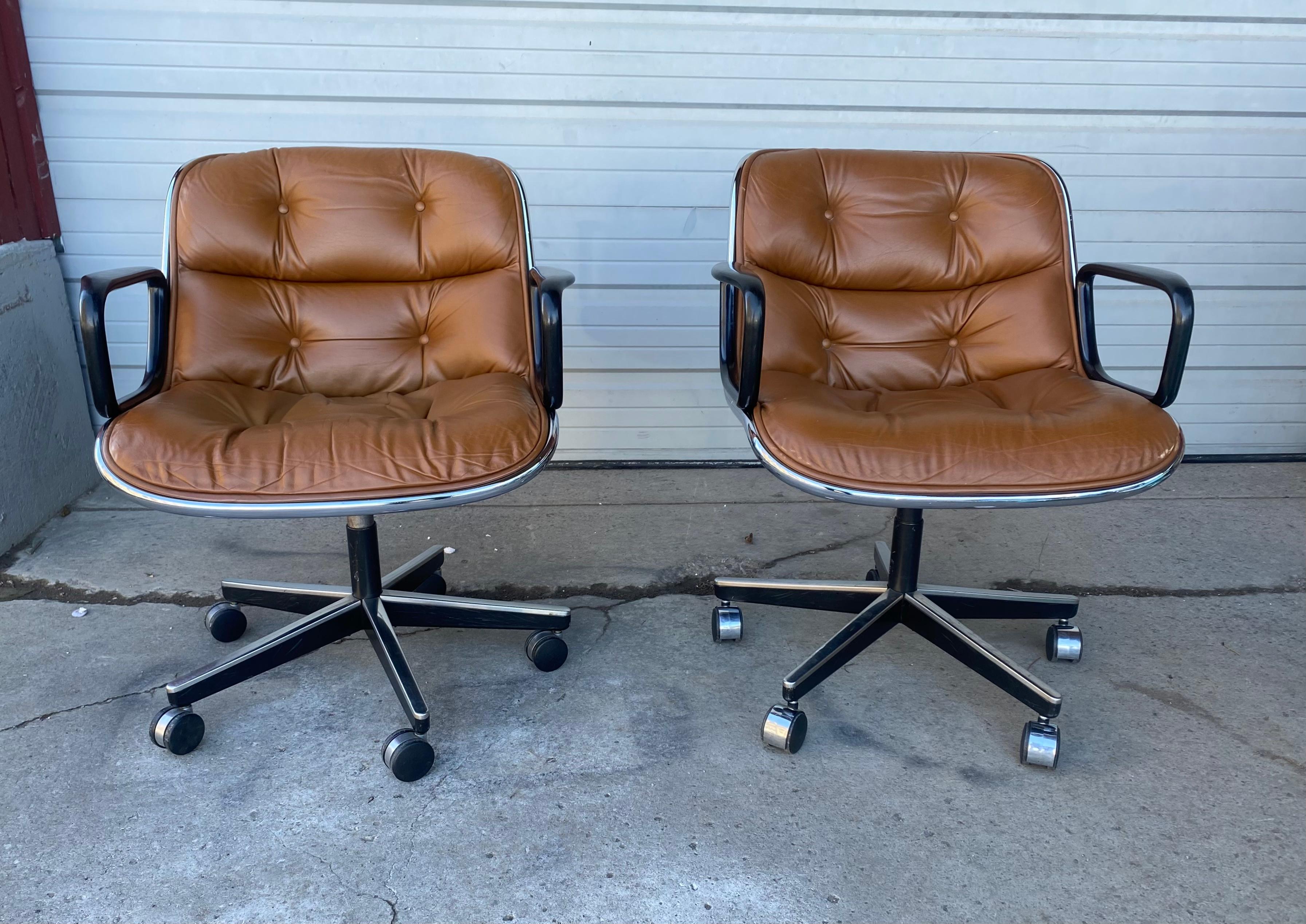 Mid-Century Modern Classic Brown Leather & Chrome Pollock Chairs manufactured by Knoll , 1980s For Sale