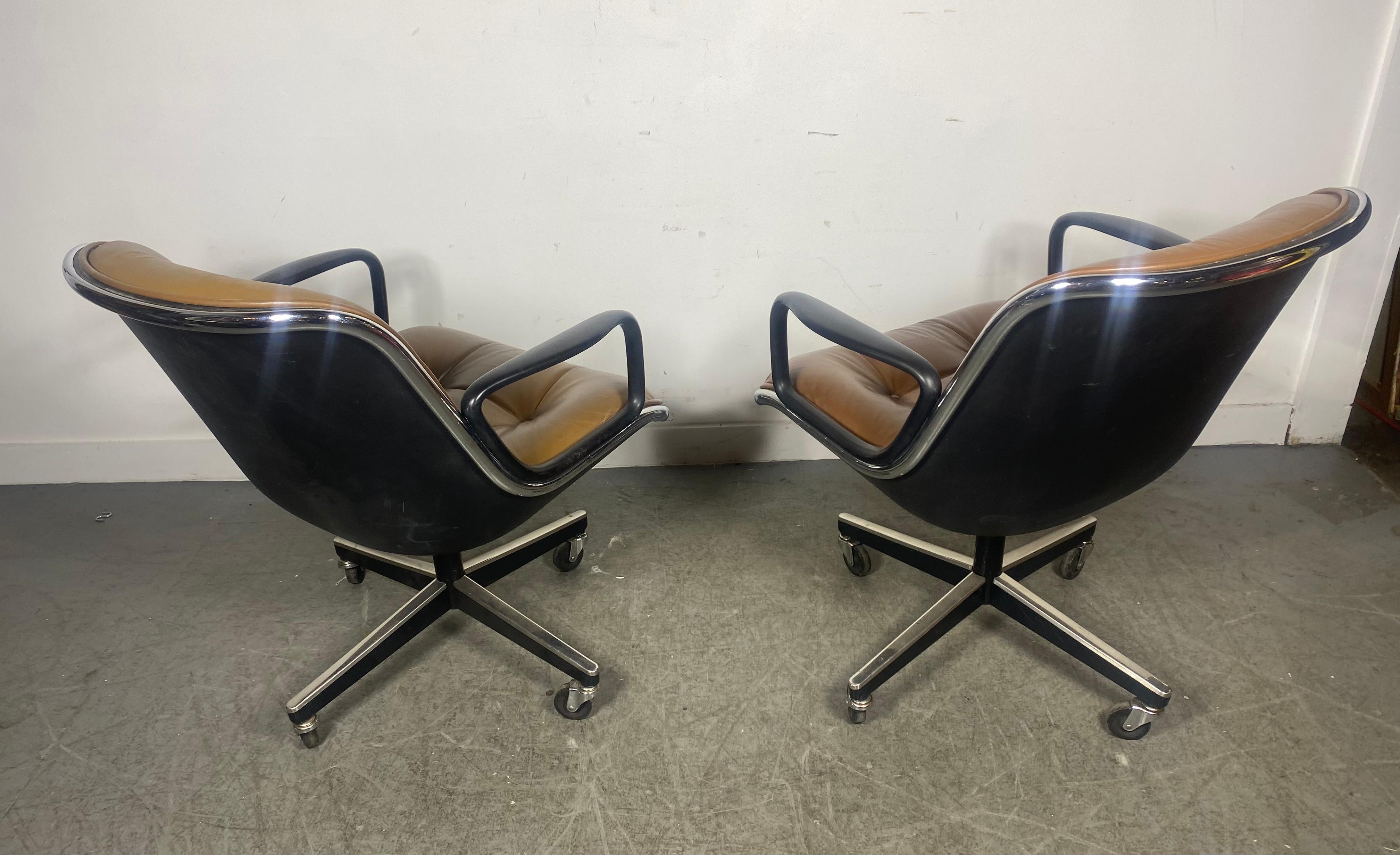 American Classic Brown Leather & Chrome Pollock Chairs manufactured by Knoll , 1980s  For Sale