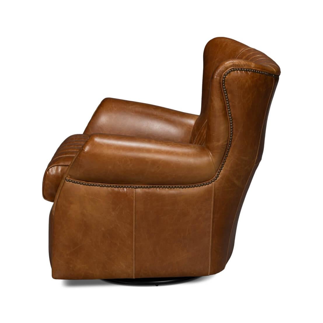 American Classical Classic Brown Leather Swivel Chair For Sale
