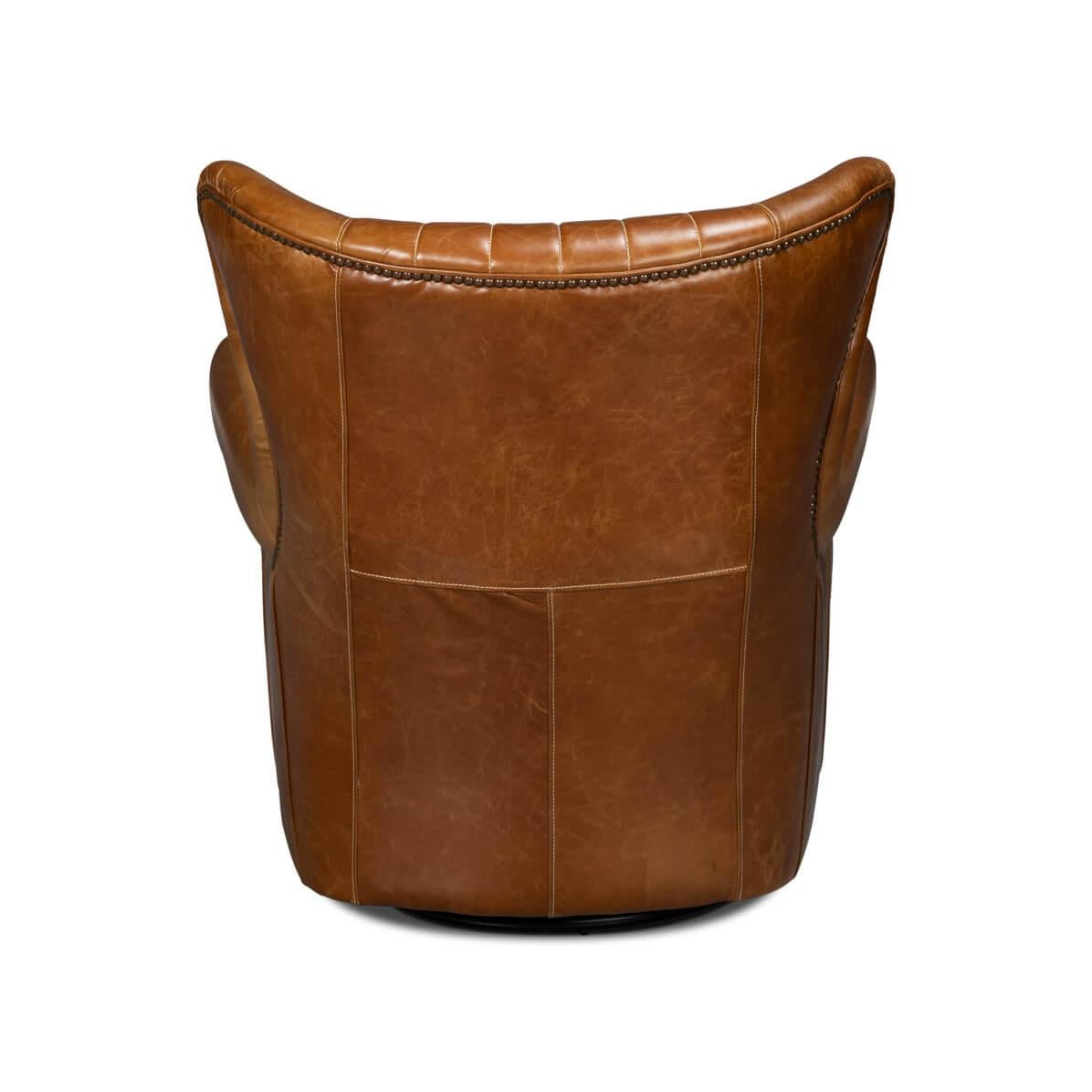 Asian Classic Brown Leather Swivel Chair For Sale