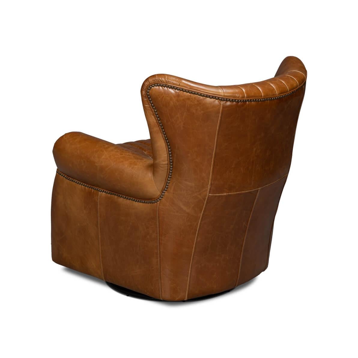 Classic Brown Leather Swivel Chair In New Condition For Sale In Westwood, NJ