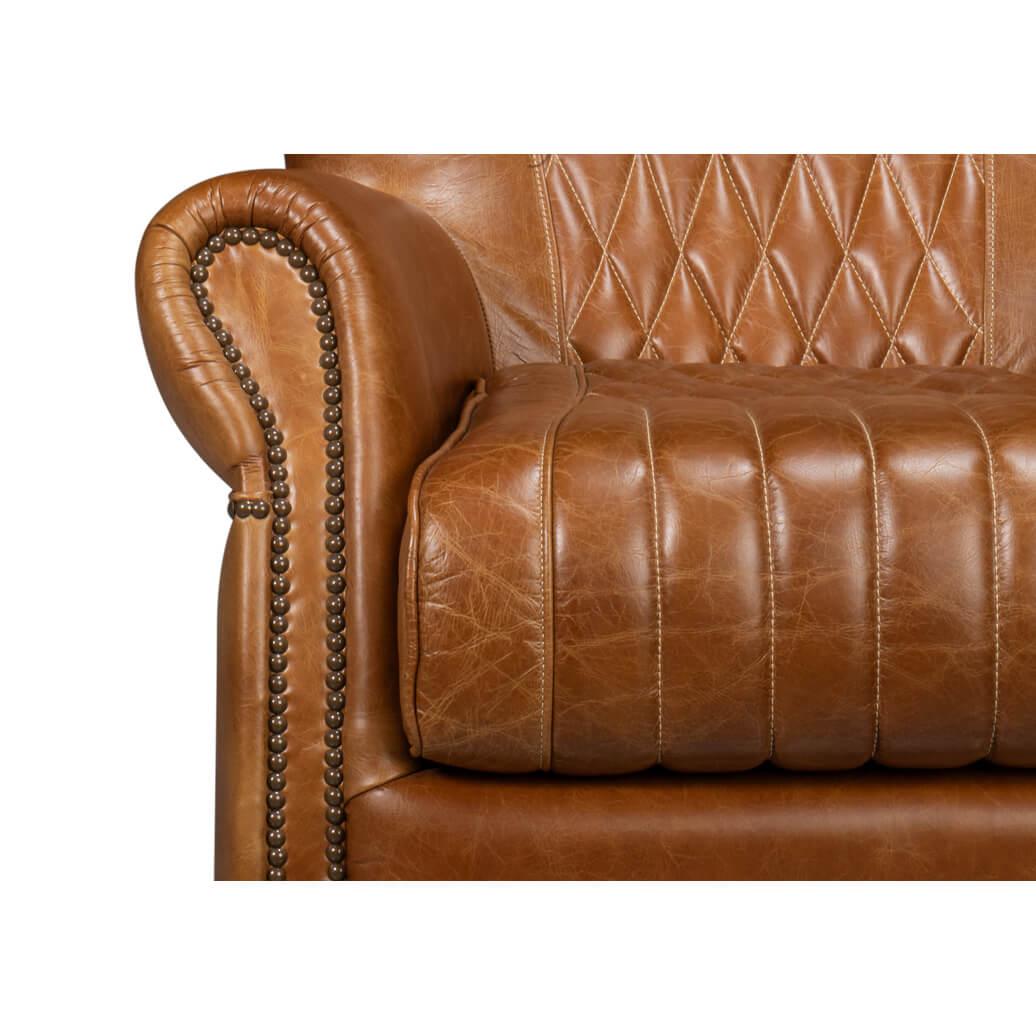 Contemporary Classic Brown Leather Swivel Chair For Sale