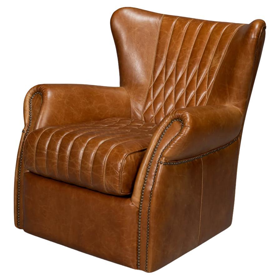 Classic Brown Leather Swivel Chair For Sale