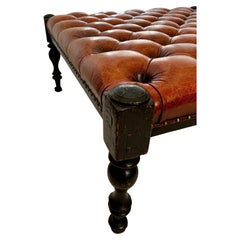 Classic Brown Leather Tufted Ottoman in the style of Ralph Lauren