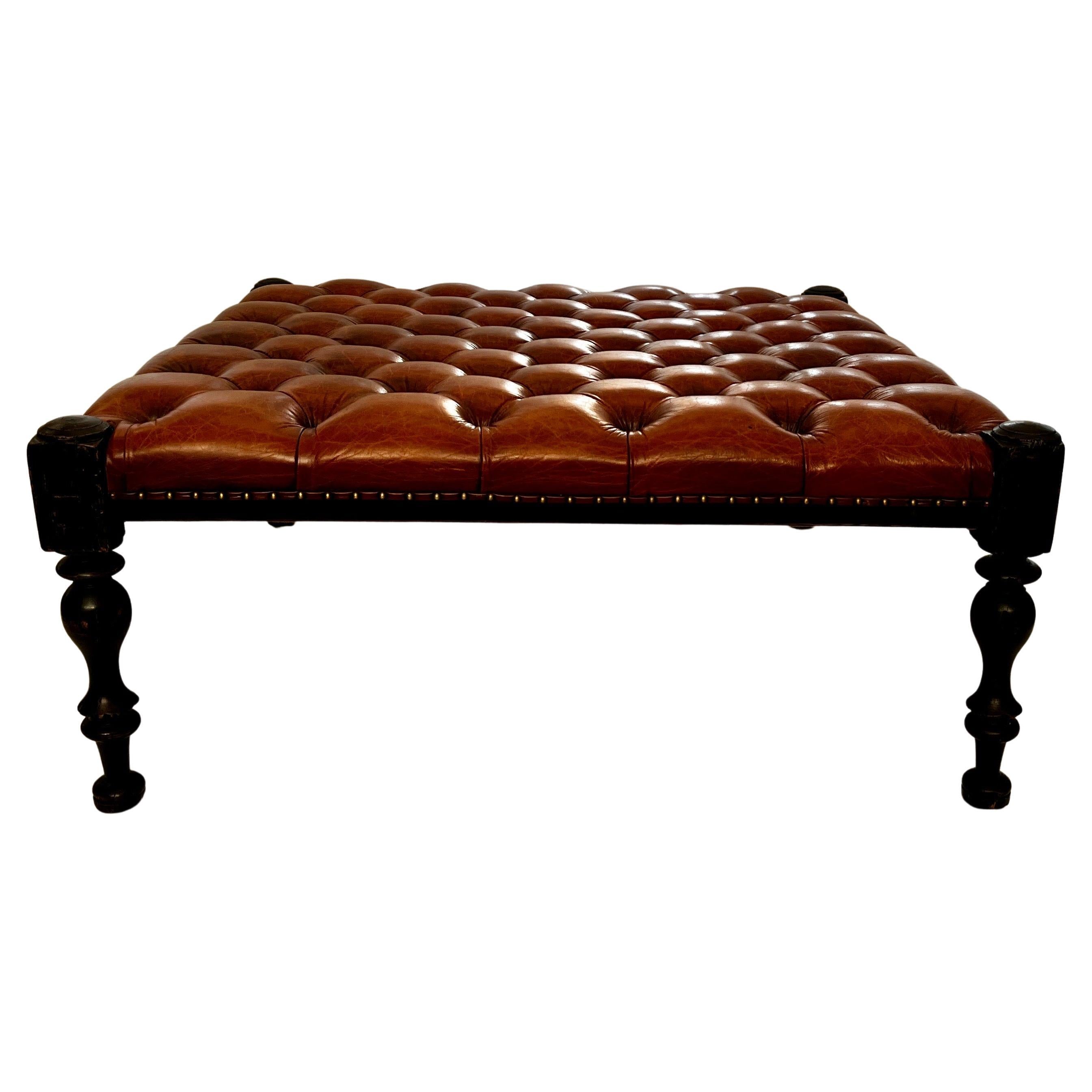 Chesterfield Classic Brown Leather Tufted Ottoman in the style of Ralph Lauren