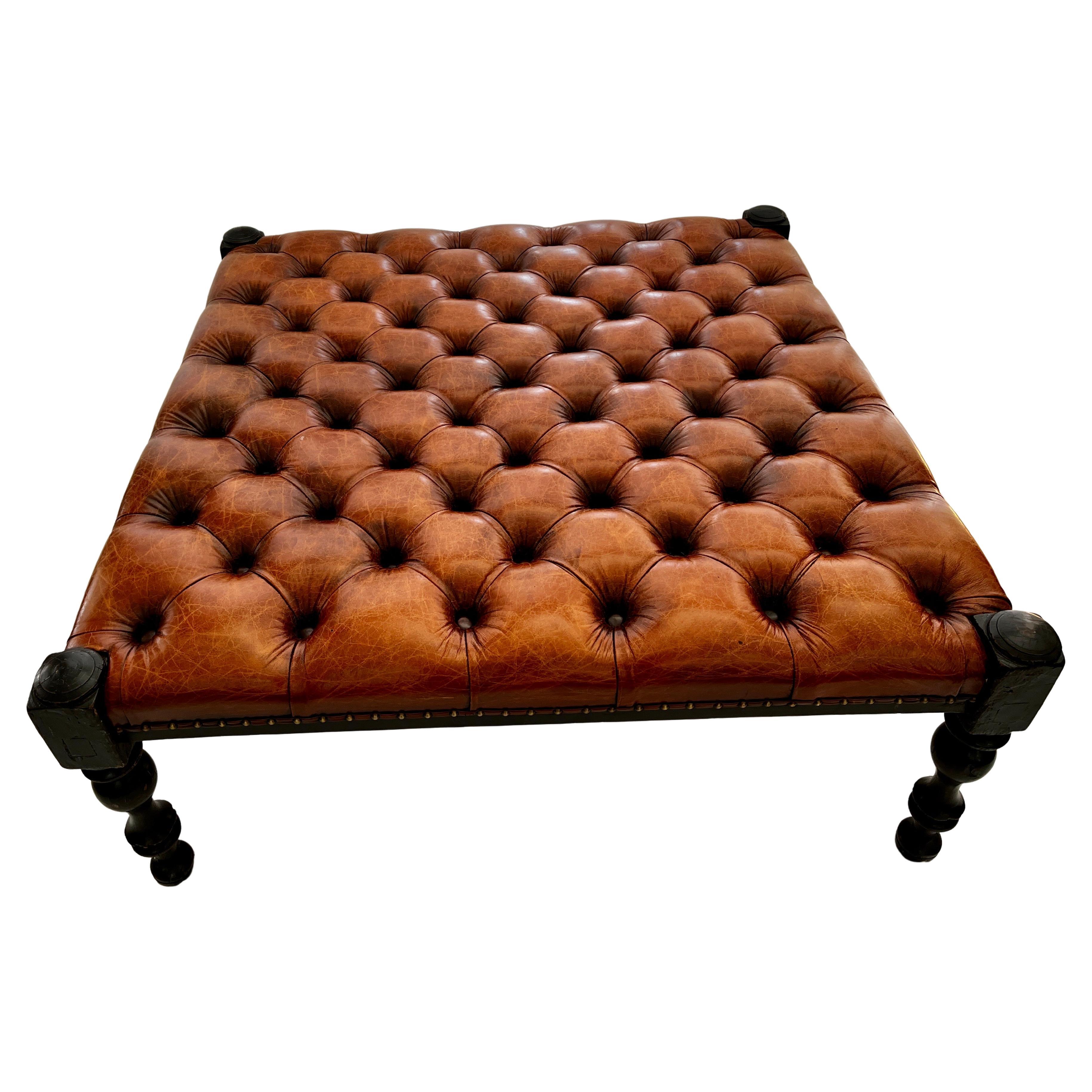 Stained Classic Brown Leather Tufted Ottoman in the style of Ralph Lauren