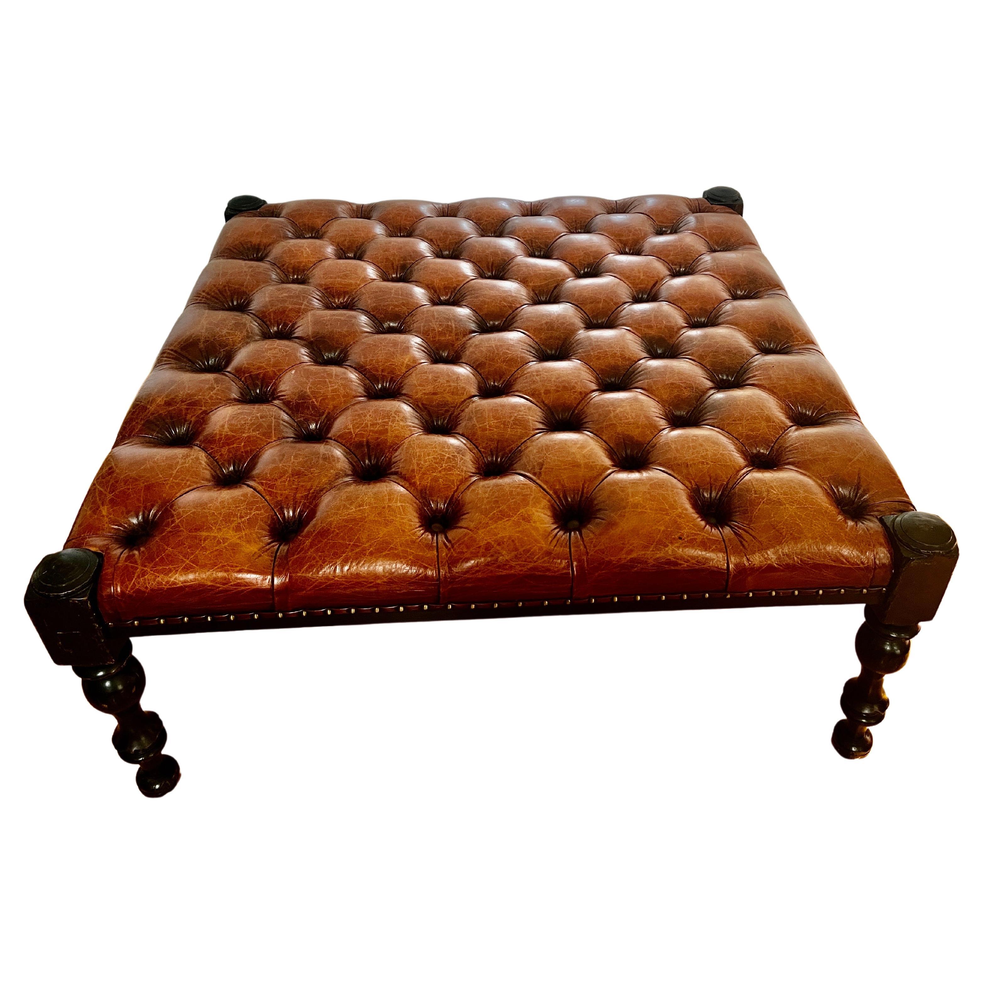 Classic Brown Leather Tufted Ottoman in the style of Ralph Lauren