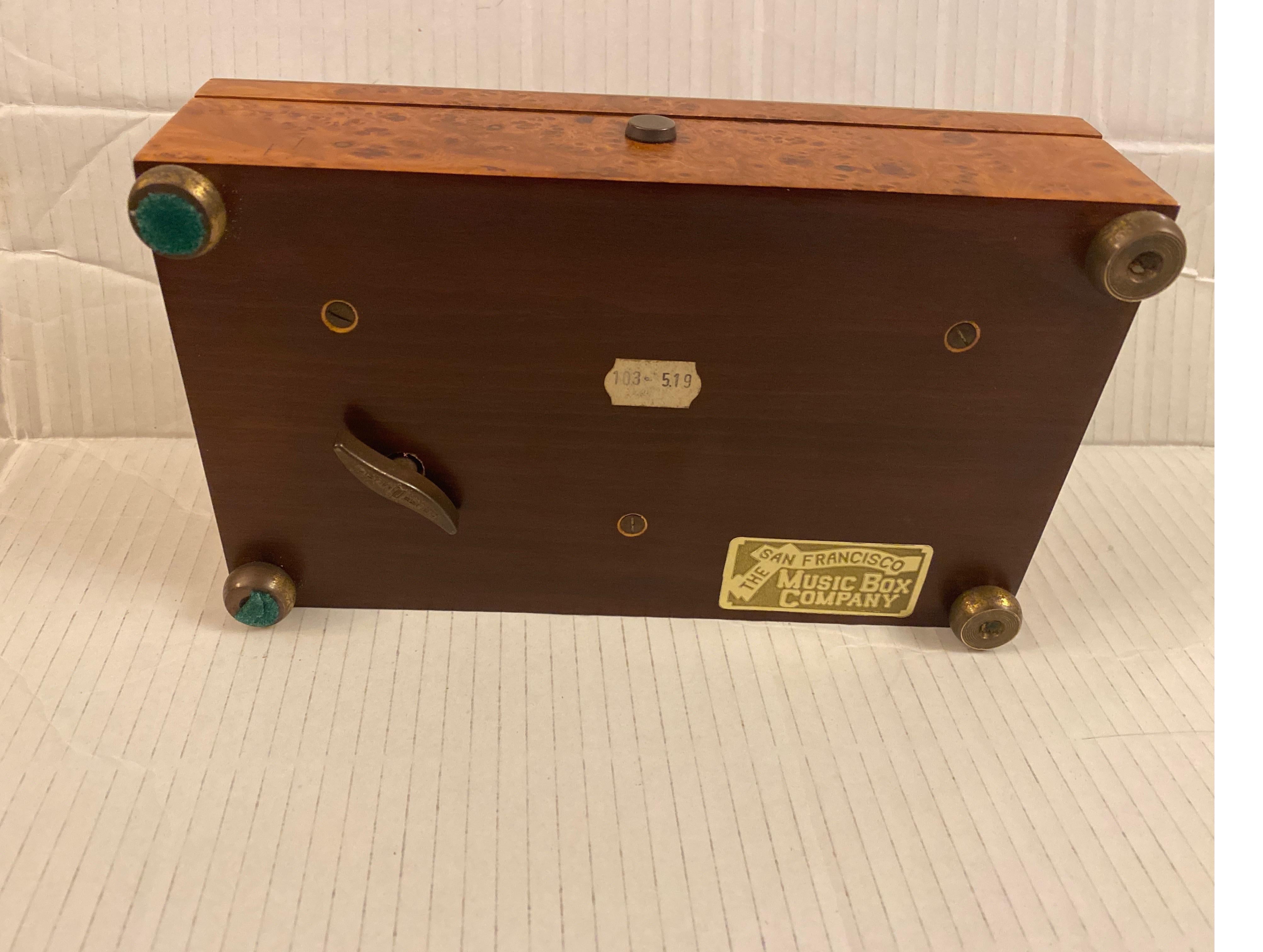 Classic Burl Walnut with Inlaid Brass Swiss Music Box For Sale 2