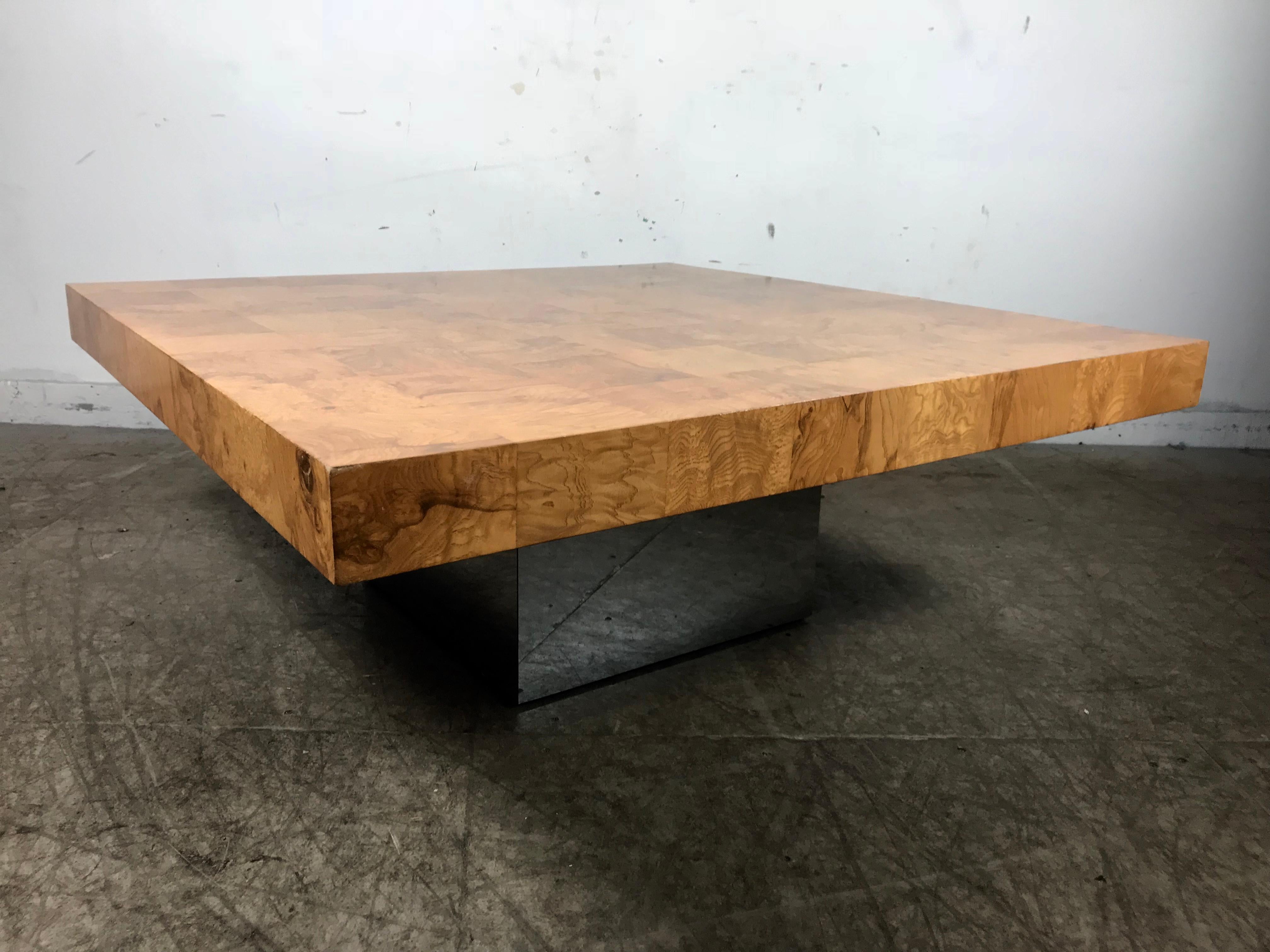 Mid-Century Modern Classic Burl Wood and Chrome Cocktail Coffee Table Designed by Milo Baughman