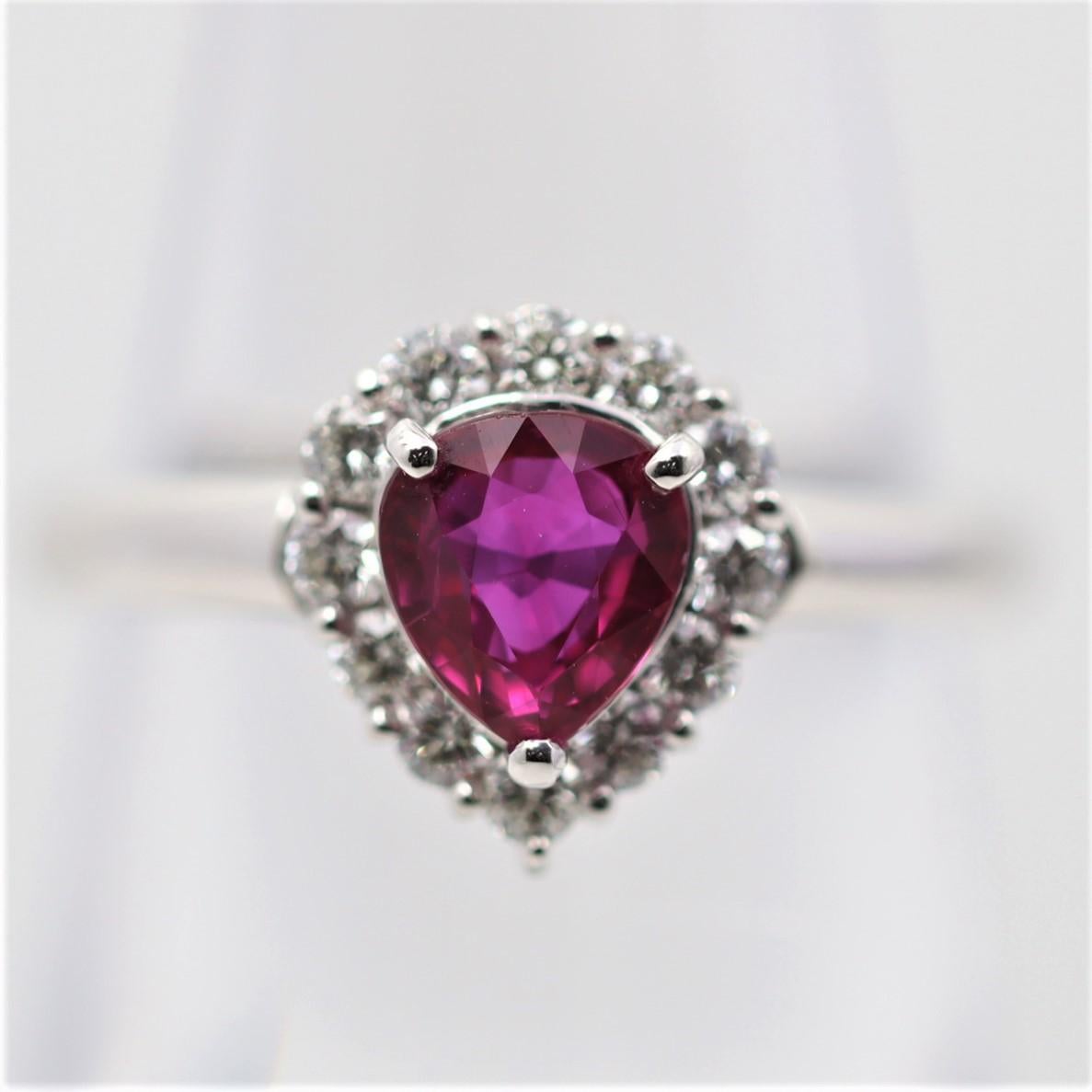 A fine example of a classic Burmese ruby. Weighing in at 1.11 carats it has a rich and vibrant, slightly purplish-red color. It is complemented by 0.33 carats of round brilliant-cut diamonds which halo the ruby and add sparkle and brilliance to the