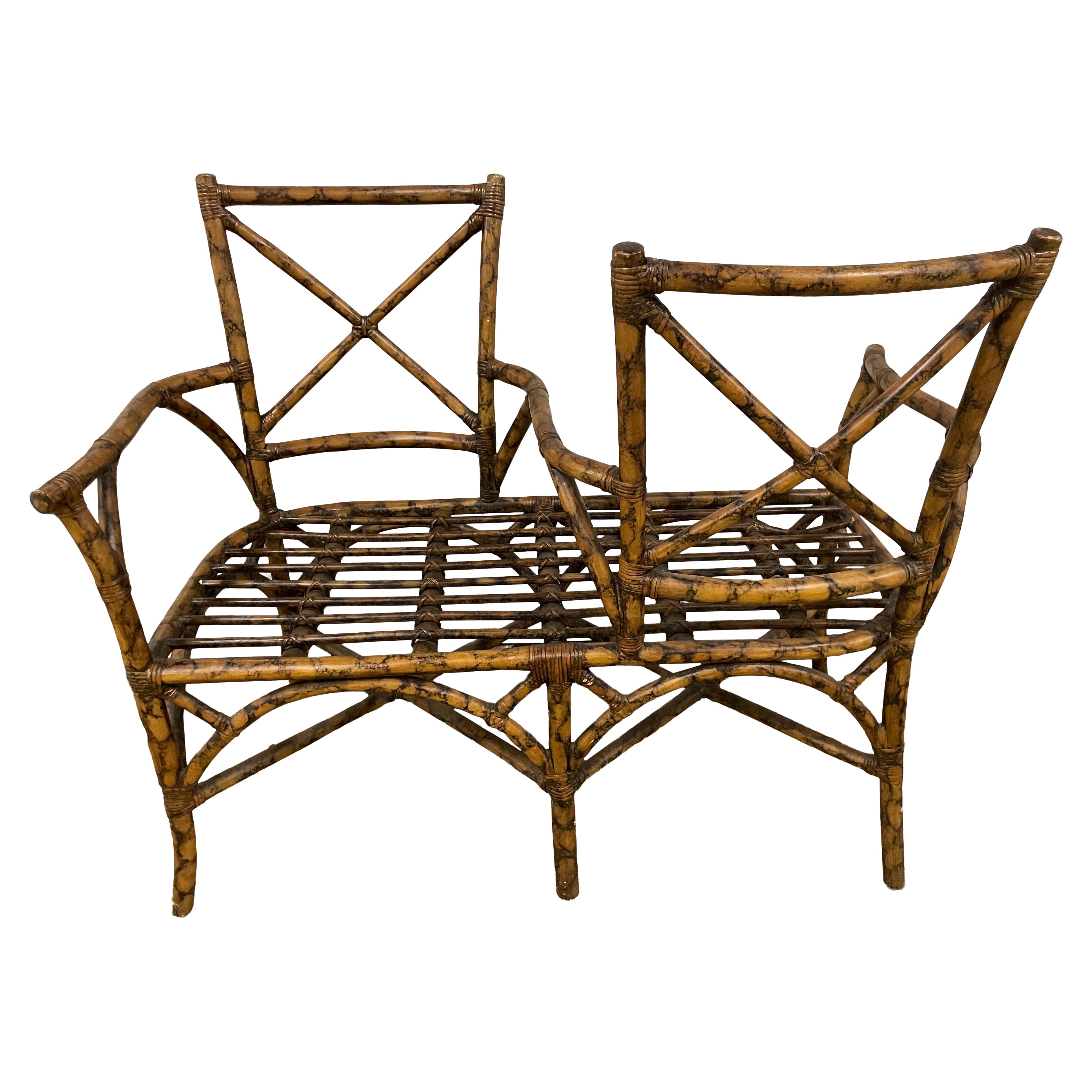 Vintage French Burnt Bamboo Tete a Tete Settee, 1950s, 36\" Height