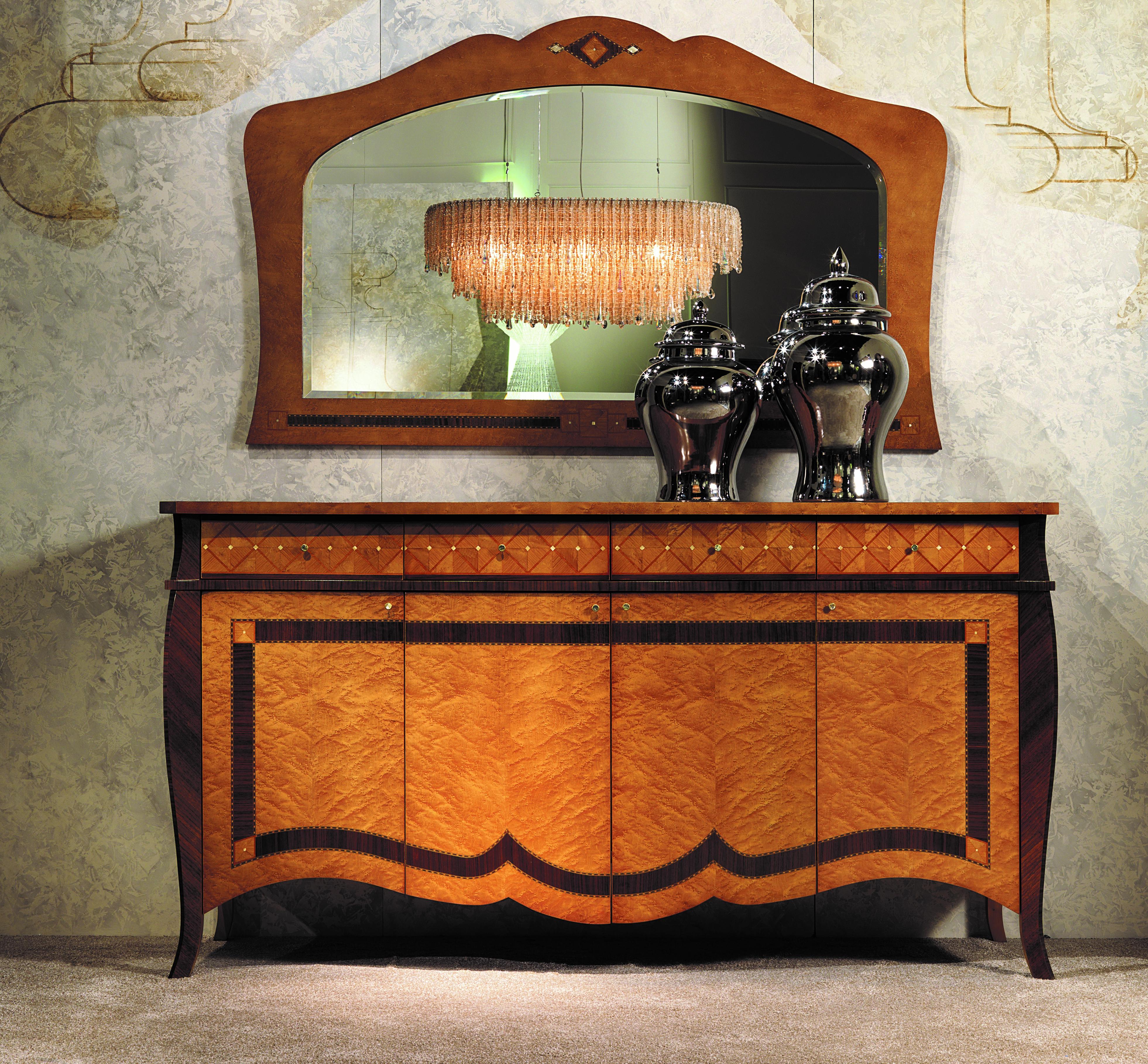 Sideboard of Charme line. 
Structure in érable wood enriched by palisander inlays with 4 doors and 4 drawers. Geometrical decoration enriched by details in mother of pearl in the top edge, whilst the lower edge is characterised by curved