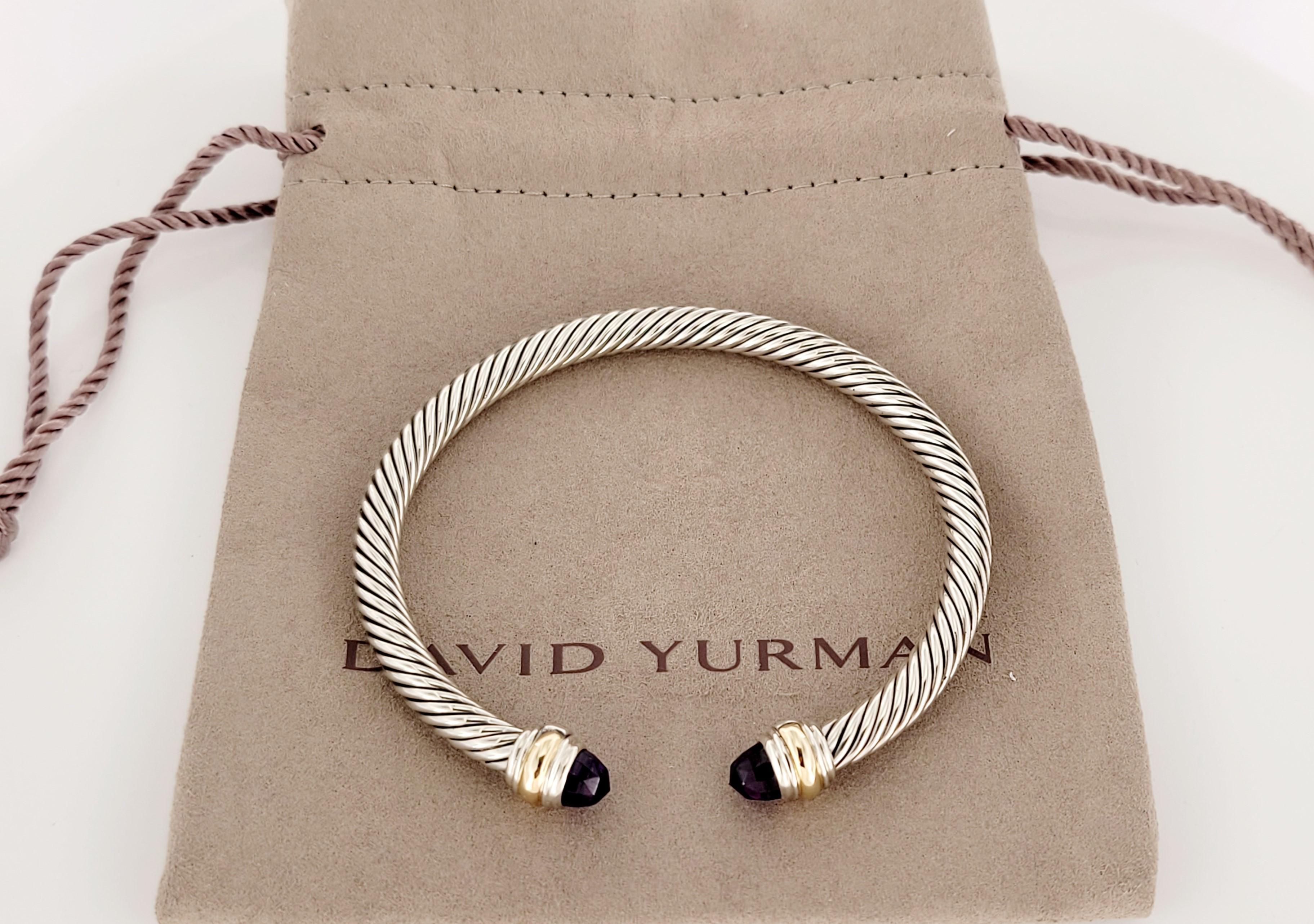 Brand David Yurman
Cable Bracelet  Amethyst
Medium size 
14K Yellow Gold & Sterling Silver
Bracelet width 5mm
Retail Price:$650
Comes with David Yurman pouch