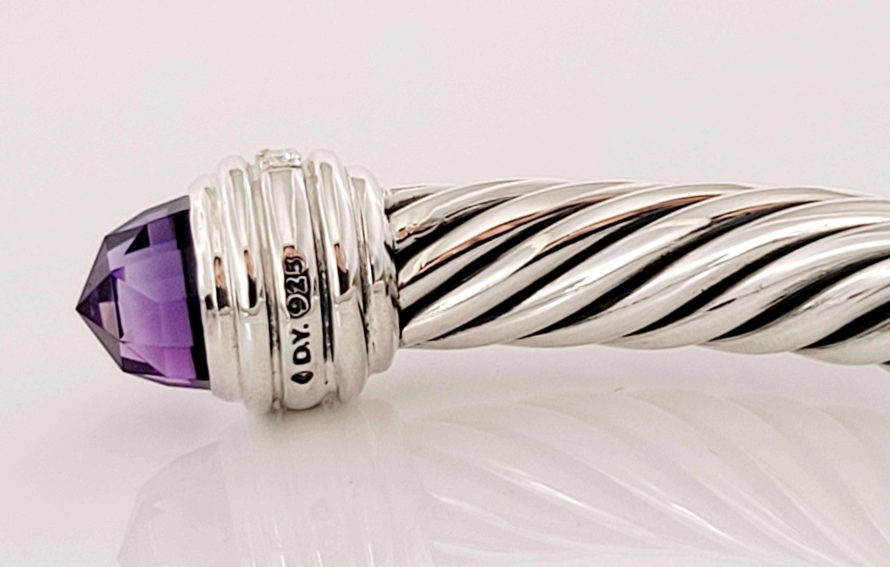 Round Cut Classic Cable Bracelet Sterling Silver with Amethyst and Diamonds, 7mm For Sale