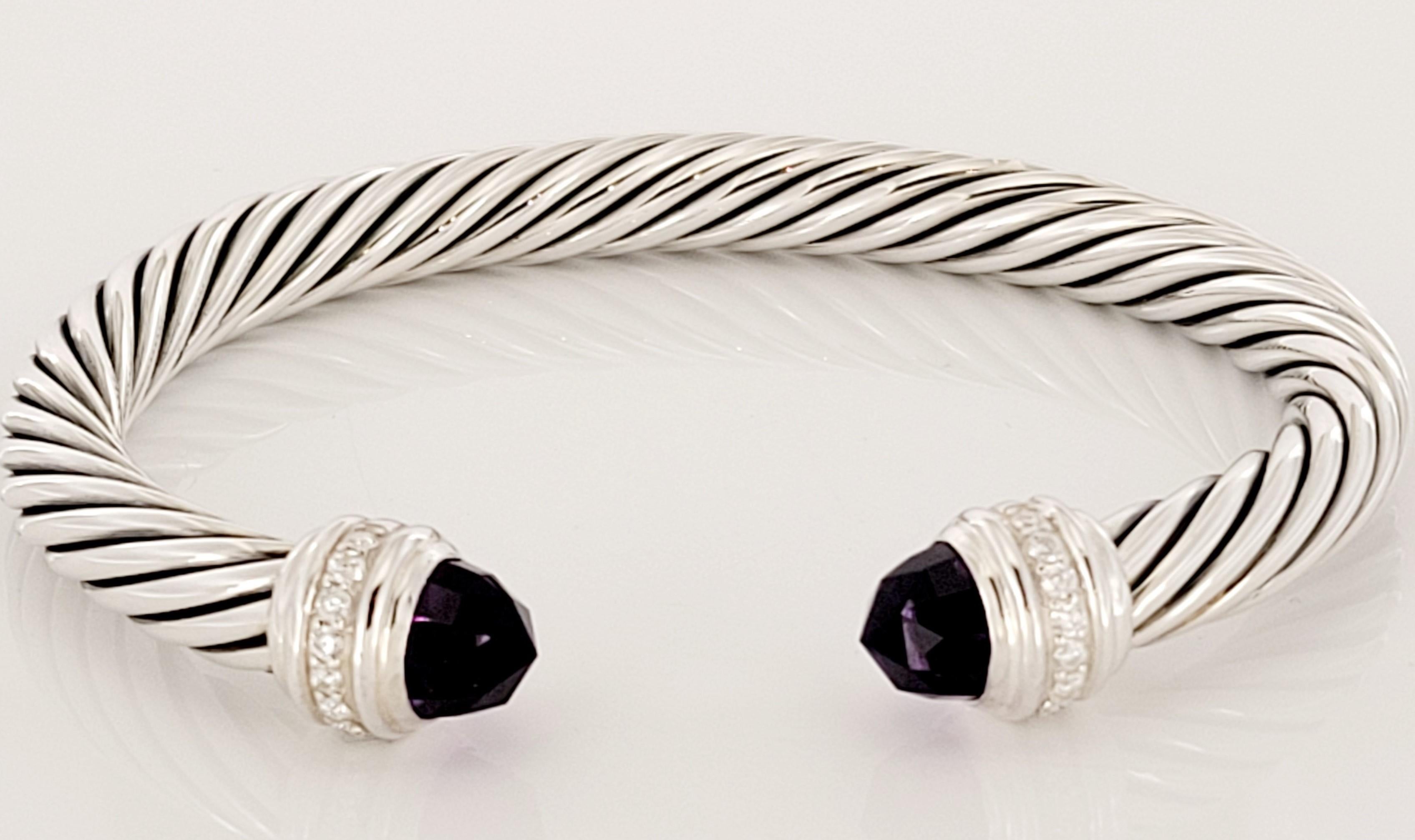 Classic Cable Bracelet Sterling Silver with Amethyst and Diamonds, 7mm In New Condition For Sale In New York, NY