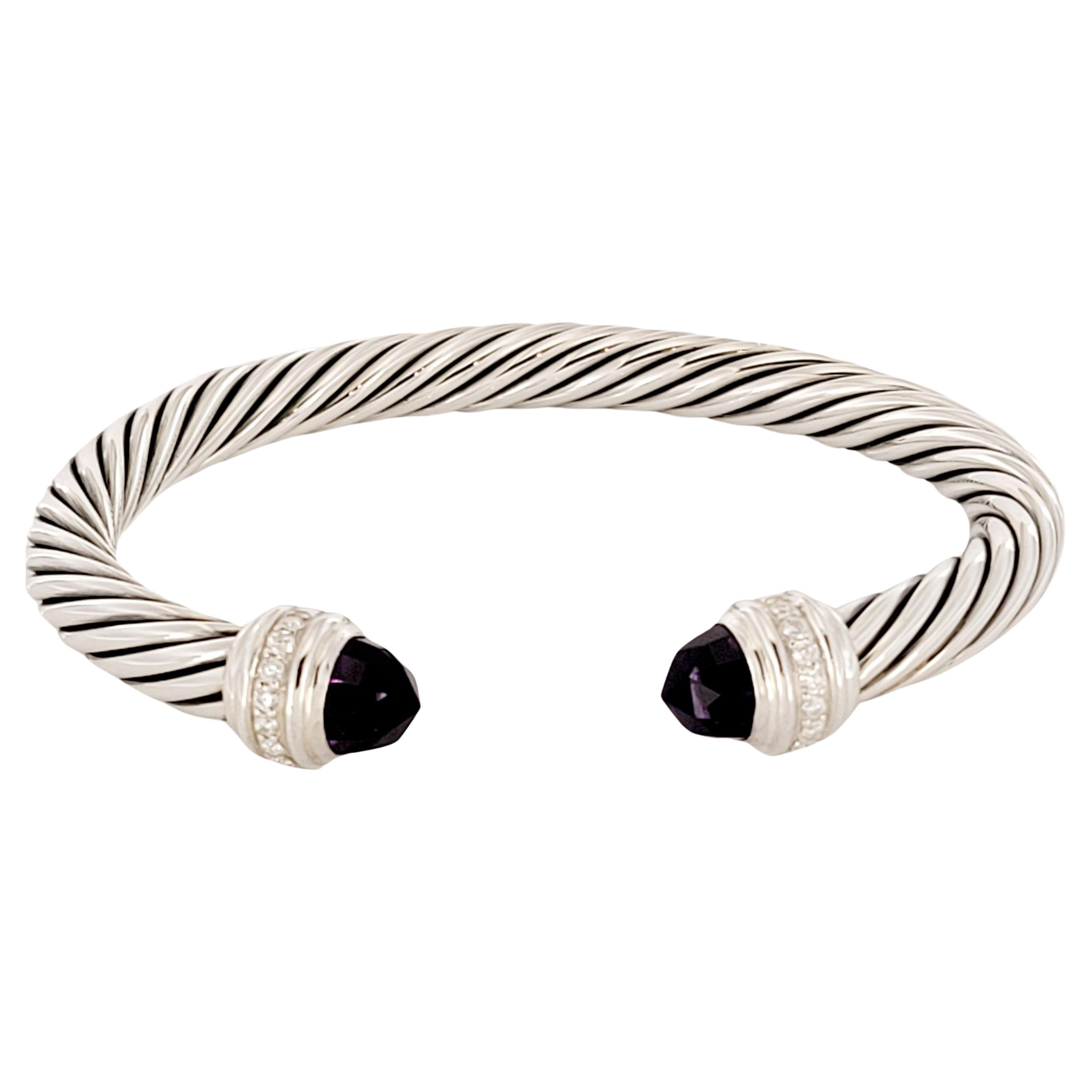Classic Cable Bracelet Sterling Silver with Amethyst and Diamonds, 7mm