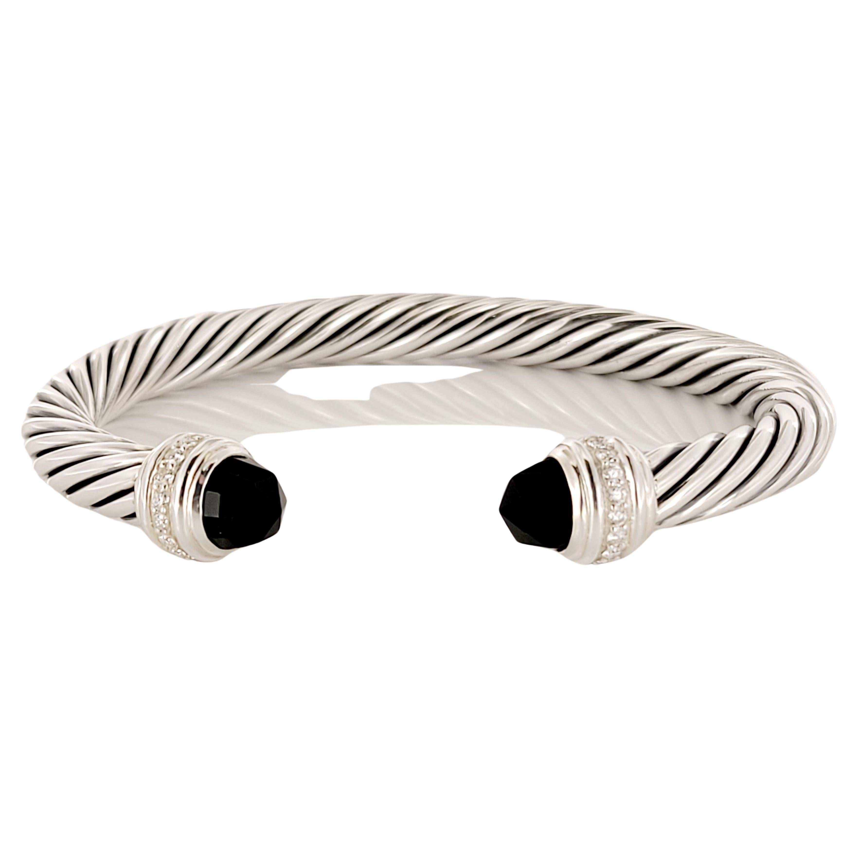 Classic Cable Bracelet Sterling Silver with Black Onyx and Diamonds, 7mm For Sale