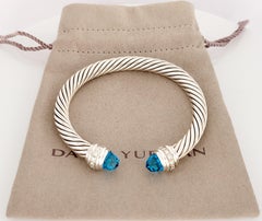 Classic Cable Bracelet Sterling Silver with Blue Topaz and Diamonds, 7mm