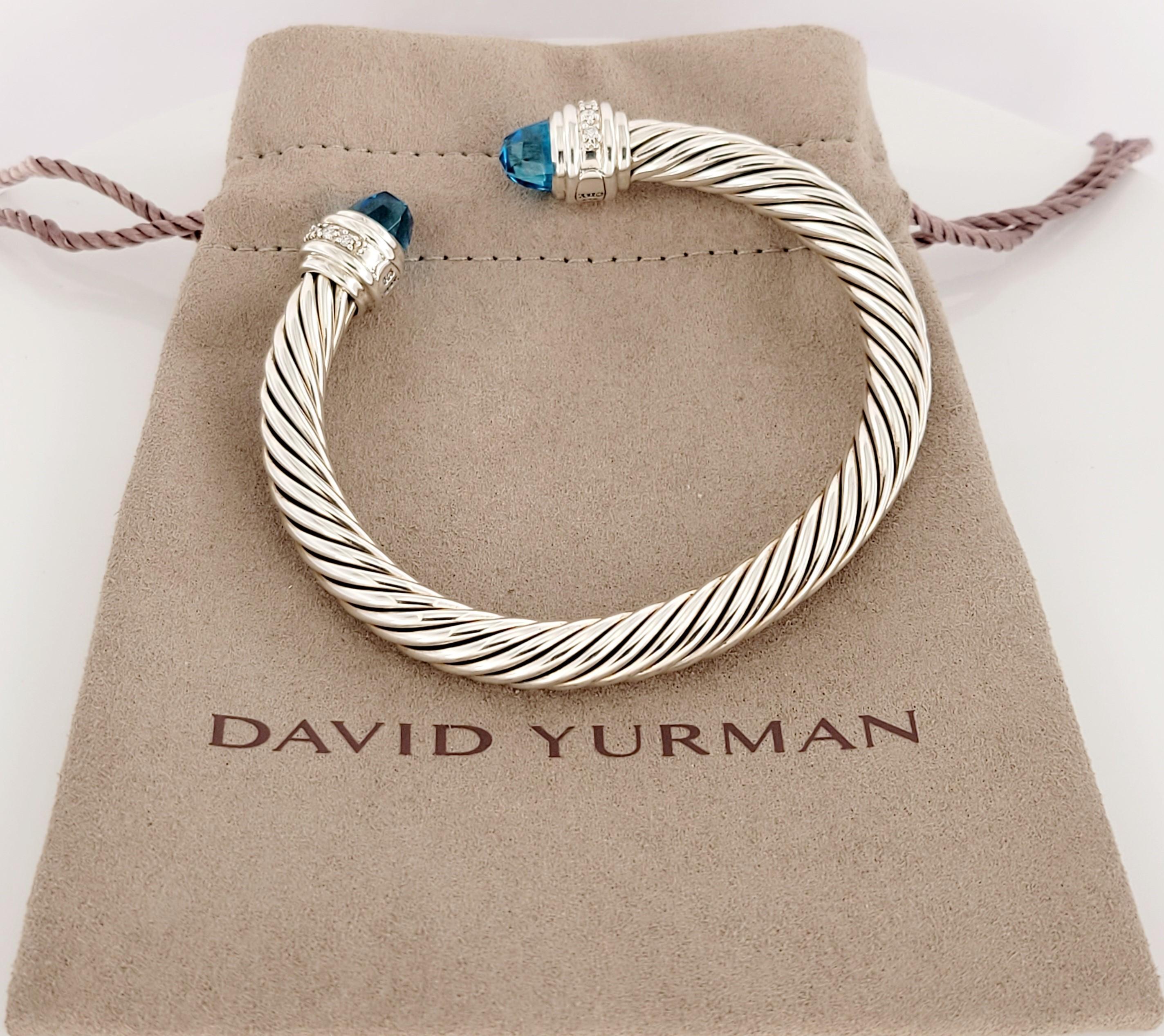 Oval Cut Classic Cable Bracelet Sterling Silver with Blue Topaz and Diamonds, 7mm For Sale