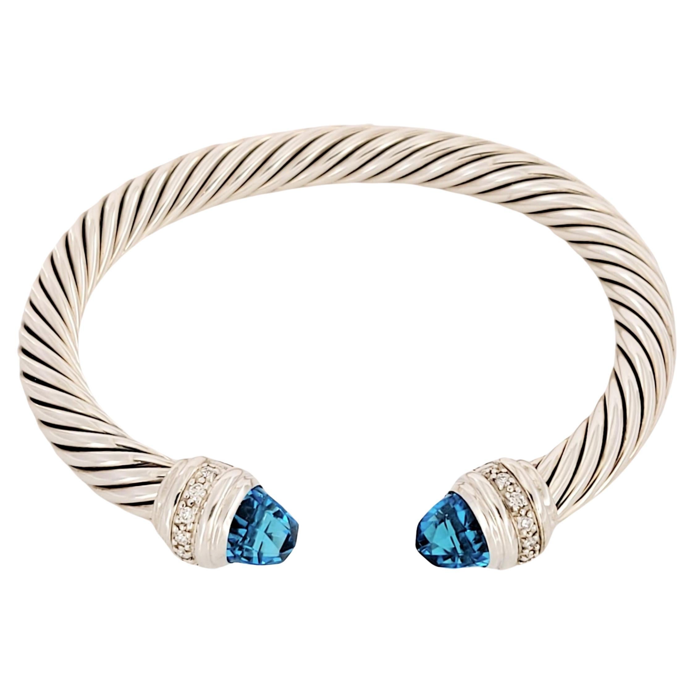 Classic Cable Bracelet Sterling Silver with Blue Topaz and Diamonds, 7mm For Sale