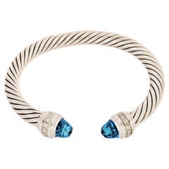 Classic Cable Bracelet en argent sterling avec topaze bleue et diamants, 7mm