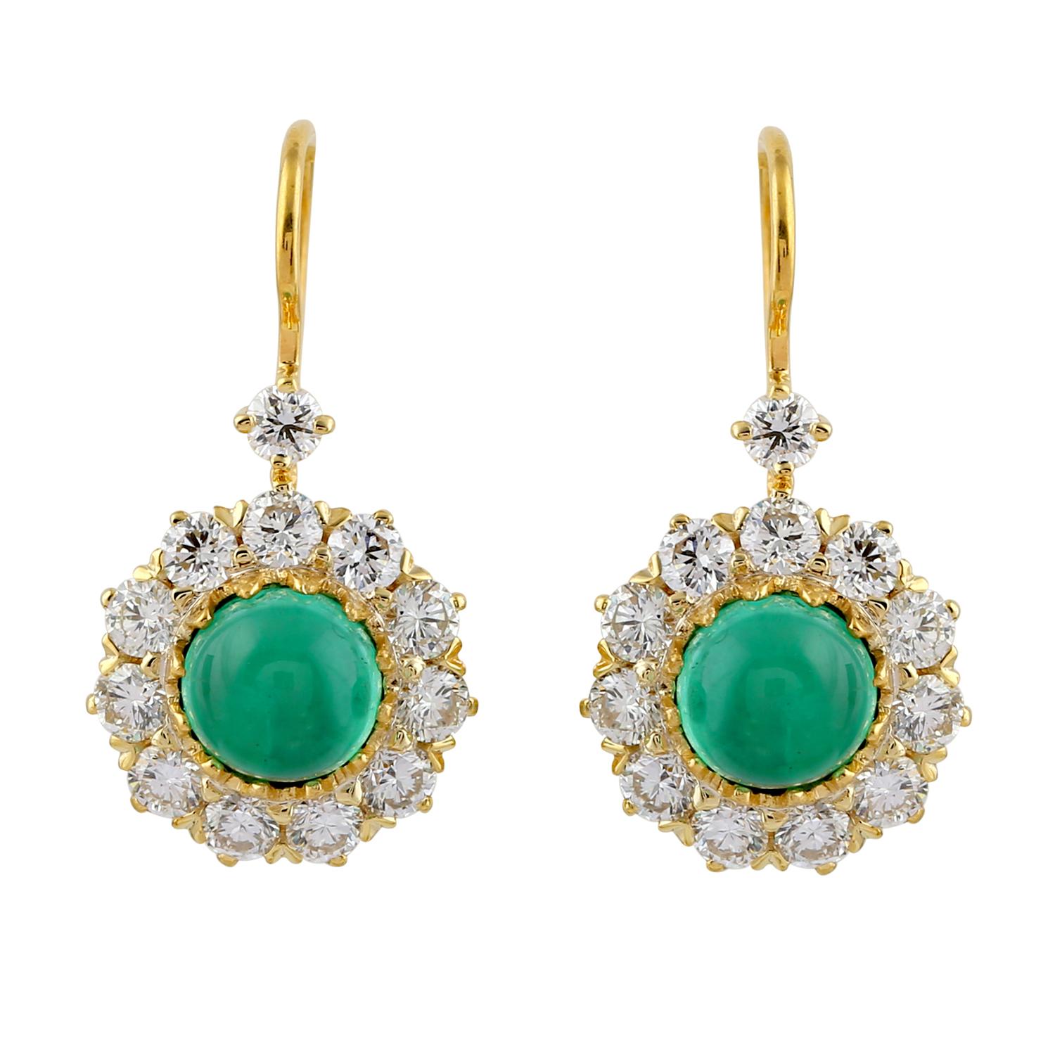 This Classic Cabochon round Emerald and diamond drop earrings in 18K Yellow Gold is sassy yet everyday wear for emerald lovers.

18KT: 6.034gms
Diamond: 1.86cts
Emerald: 3.26cts